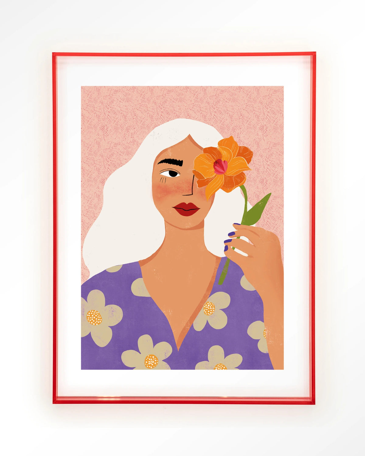 Flower Girly – vrouw met witte haren en bloem – Art print – Acryl roze