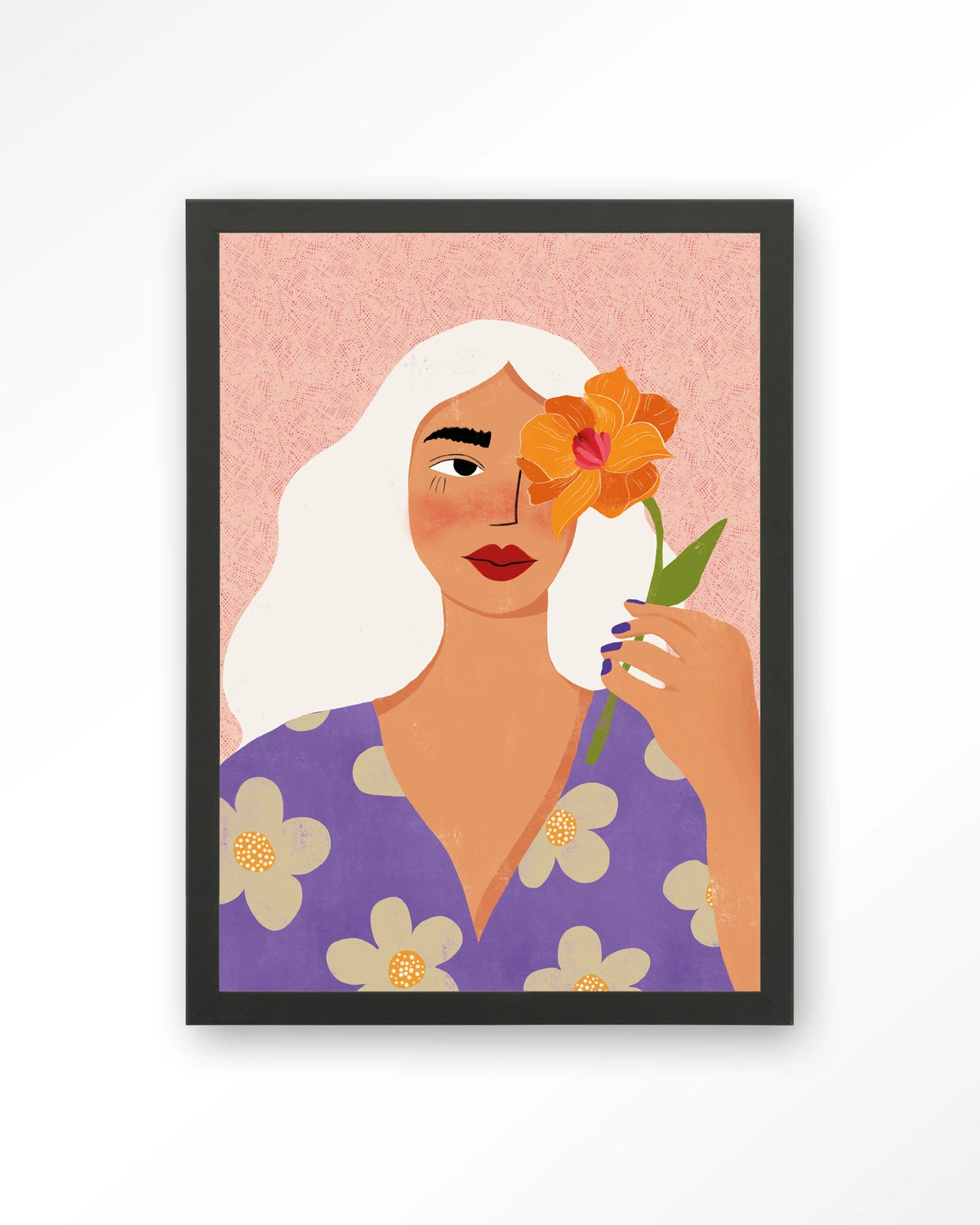 Flower Girly – vrouw met witte haren en bloem – Art print – Hout zwart