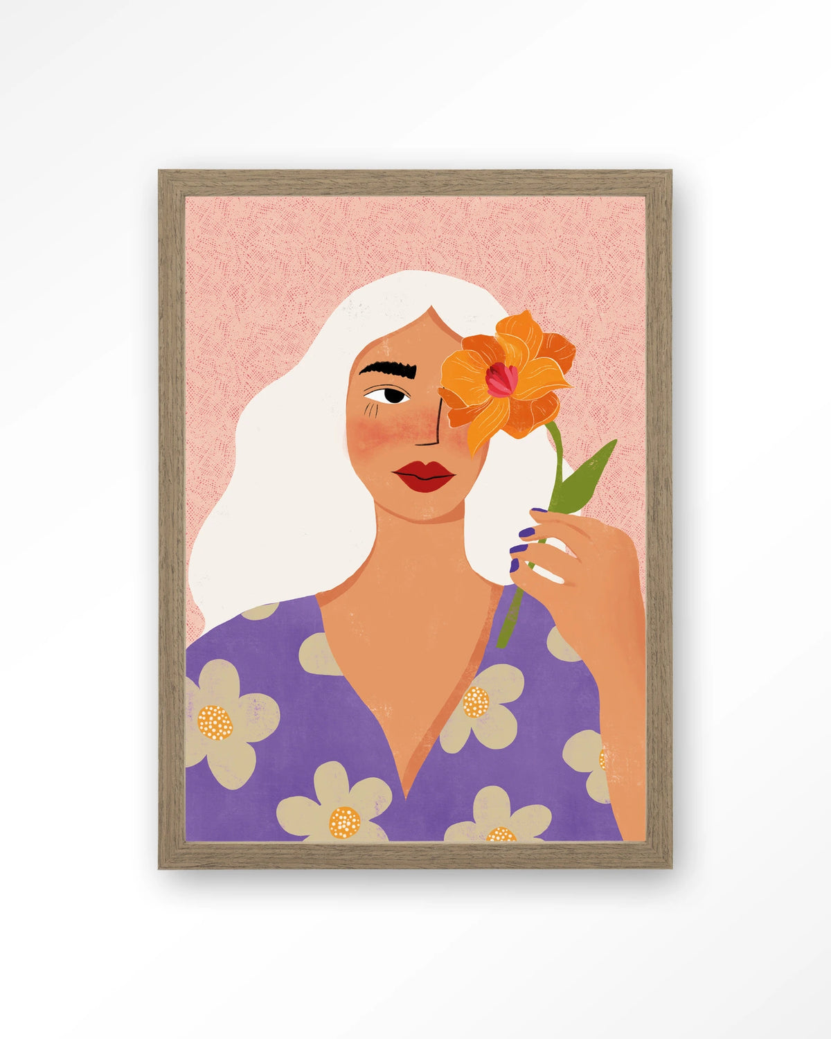 Flower Girly – vrouw met witte haren en bloem – Art print – Hout bruin