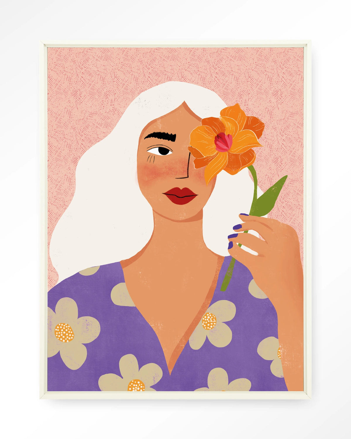 Flower Girly – vrouw met witte haren en bloem – Wandkleed – Floating frame – wit