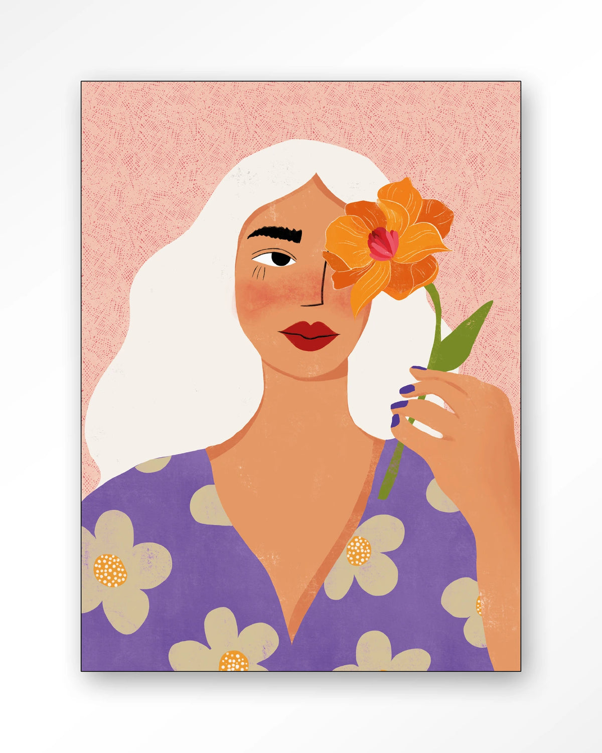 Flower Girly – vrouw met witte haren en bloem – Wandkleed – Frame – zwart