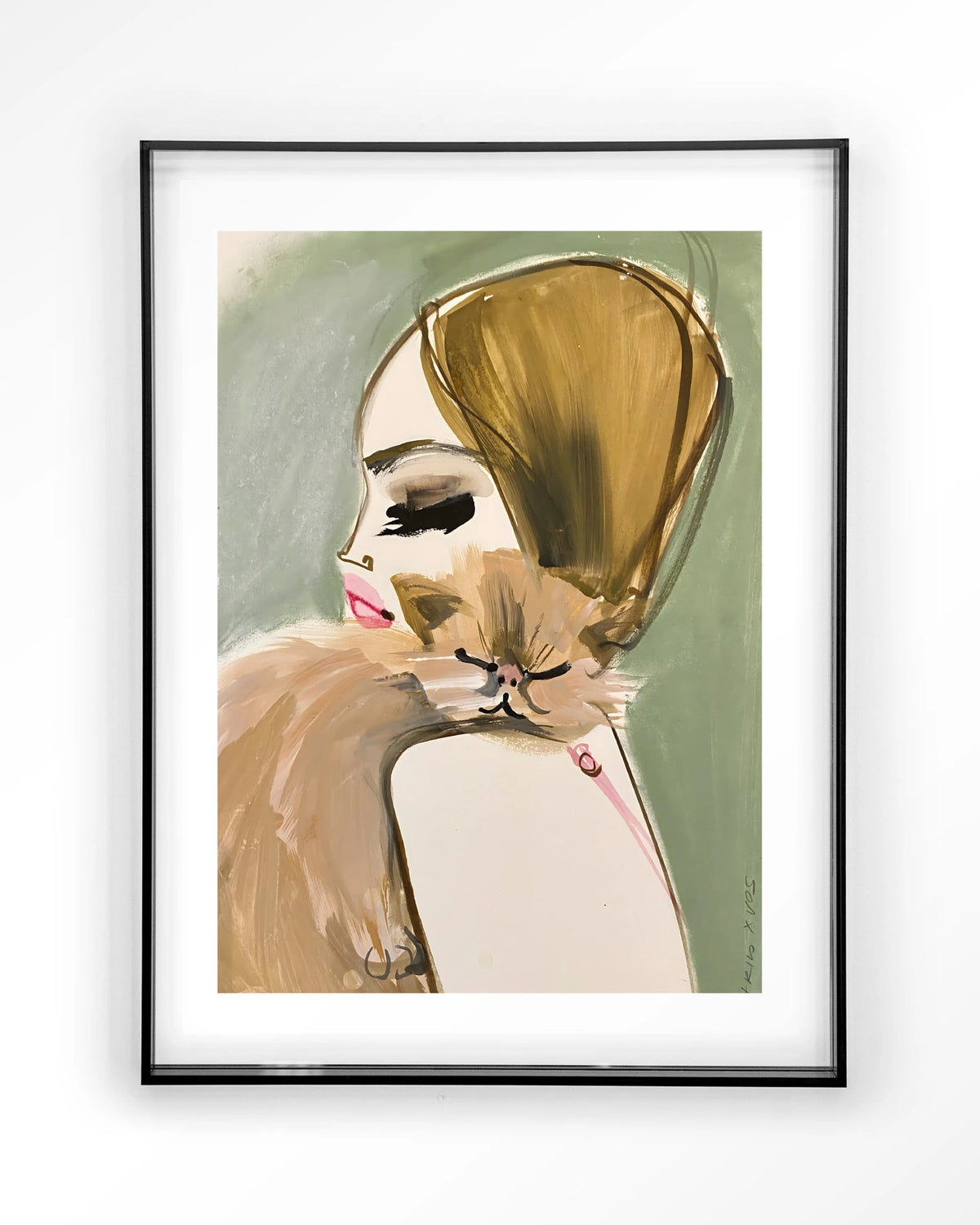 Lily Rose Depp x Pumpkin – vrouw met kat in schets – Art print – Acryl zwart