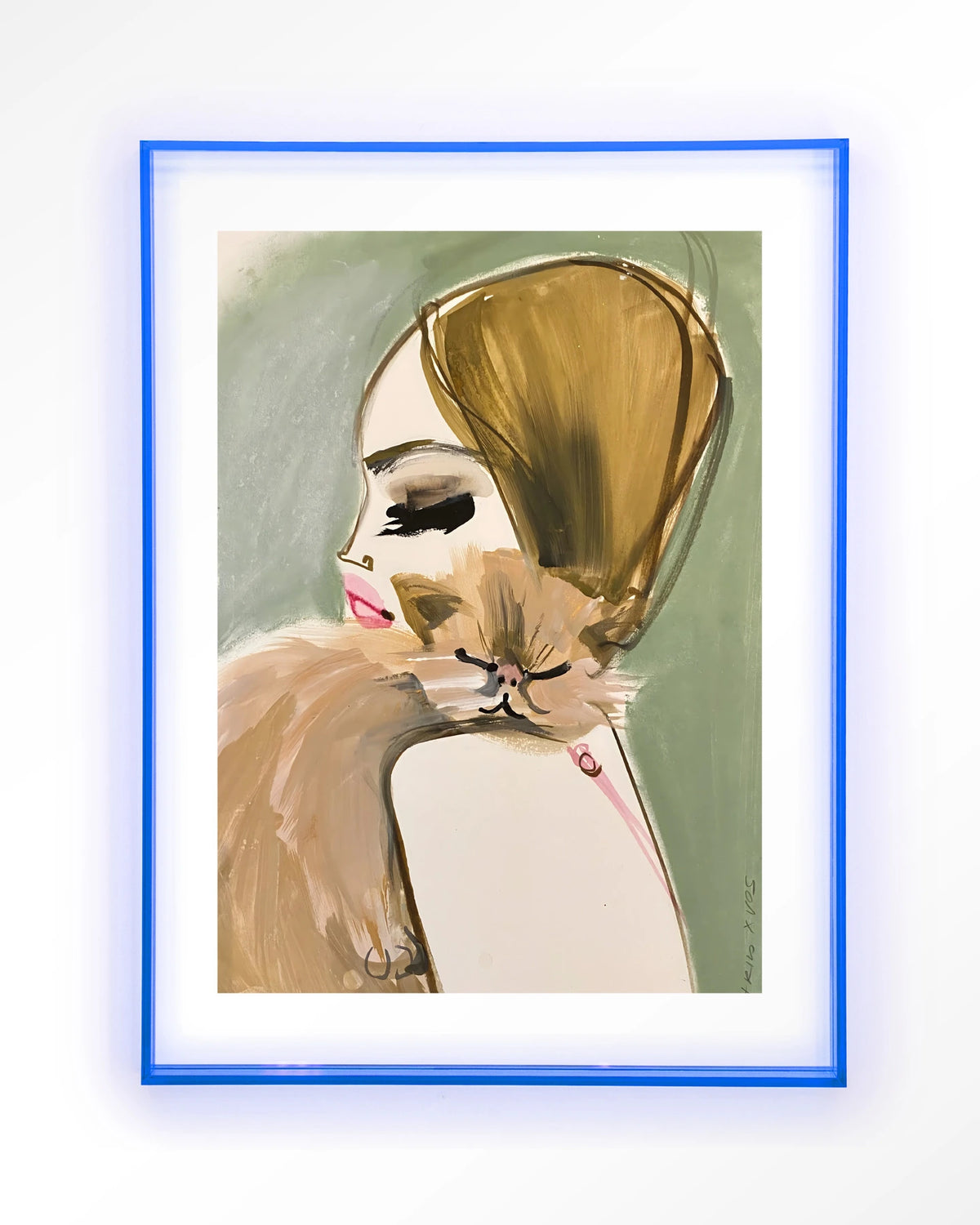 Lily Rose Depp x Pumpkin – vrouw met kat in schets – Art print – Acryl lichtblauw