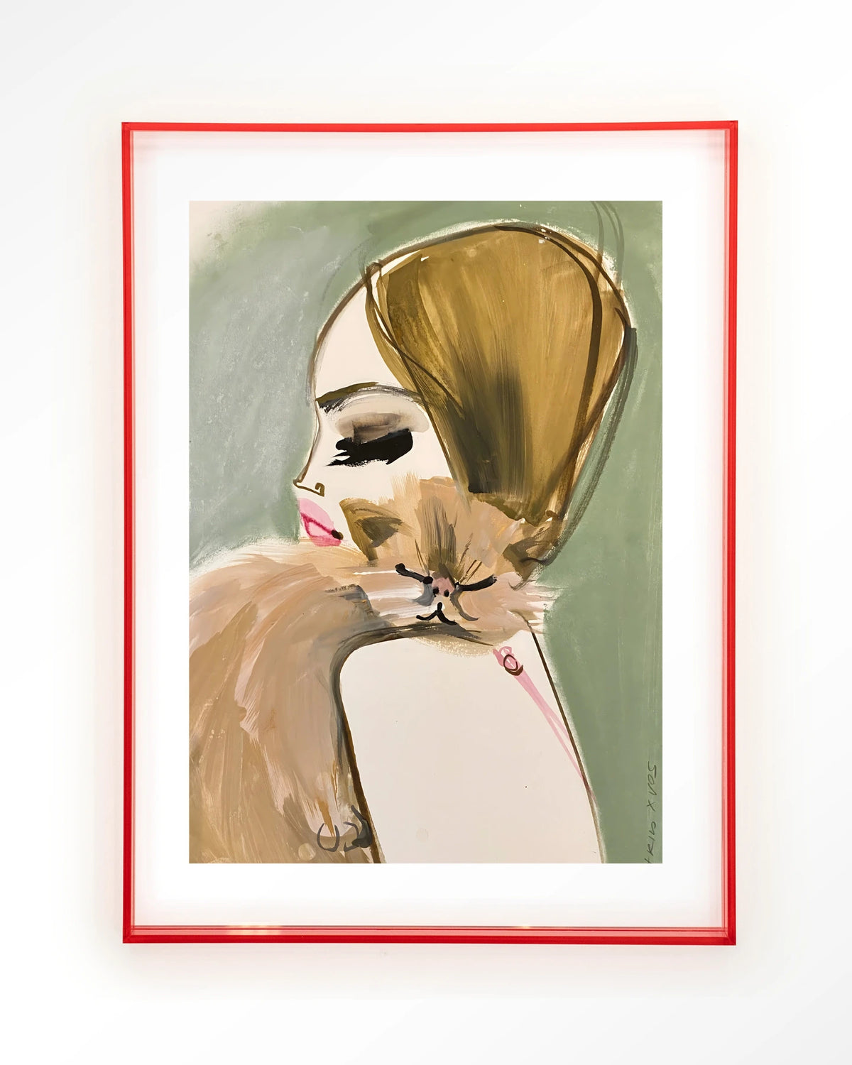 Lily Rose Depp x Pumpkin – vrouw met kat in schets – Art print – Acryl roze