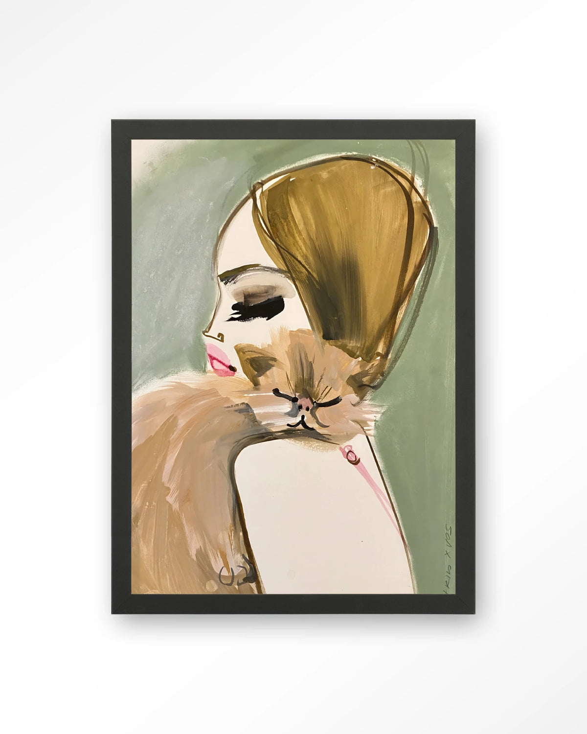 Lily Rose Depp x Pumpkin – vrouw met kat in schets – Art print – Hout zwart