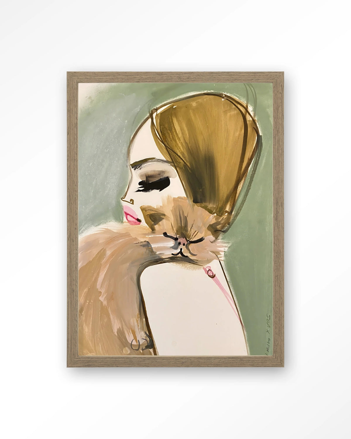 Lily Rose Depp x Pumpkin – vrouw met kat in schets – Art print – Hout bruin