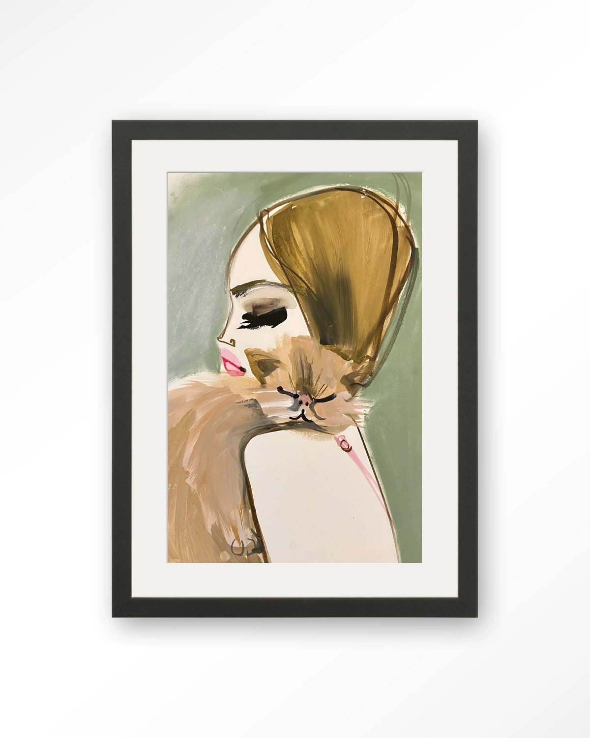 Lily Rose Depp x Pumpkin – vrouw met kat in schets – Art print – Hout zwart + passe-partout