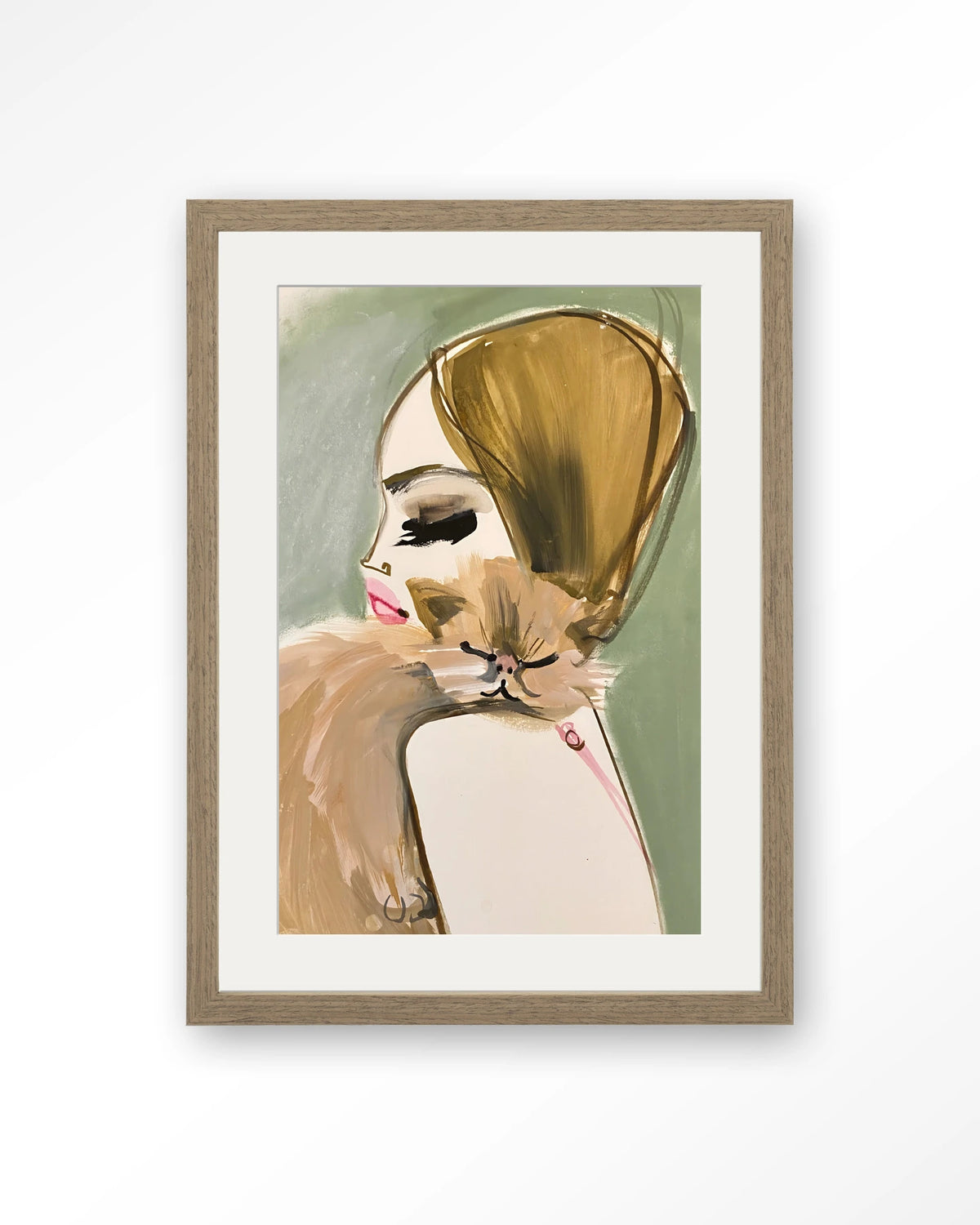 Lily Rose Depp x Pumpkin – vrouw met kat in schets – Art print – Hout bruin + passe-partout