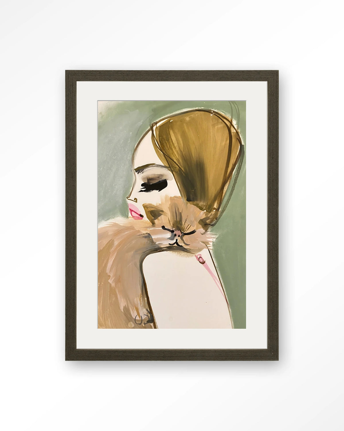 Lily Rose Depp x Pumpkin – vrouw met kat in schets – Art print – Hout donkerbruin + passe-partout