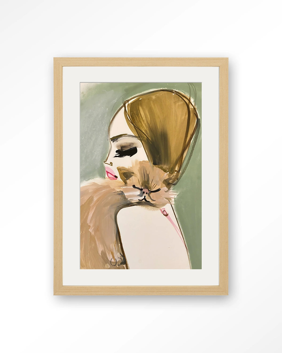 Lily Rose Depp x Pumpkin – vrouw met kat in schets – Art print – Hout naturel + passe-partout