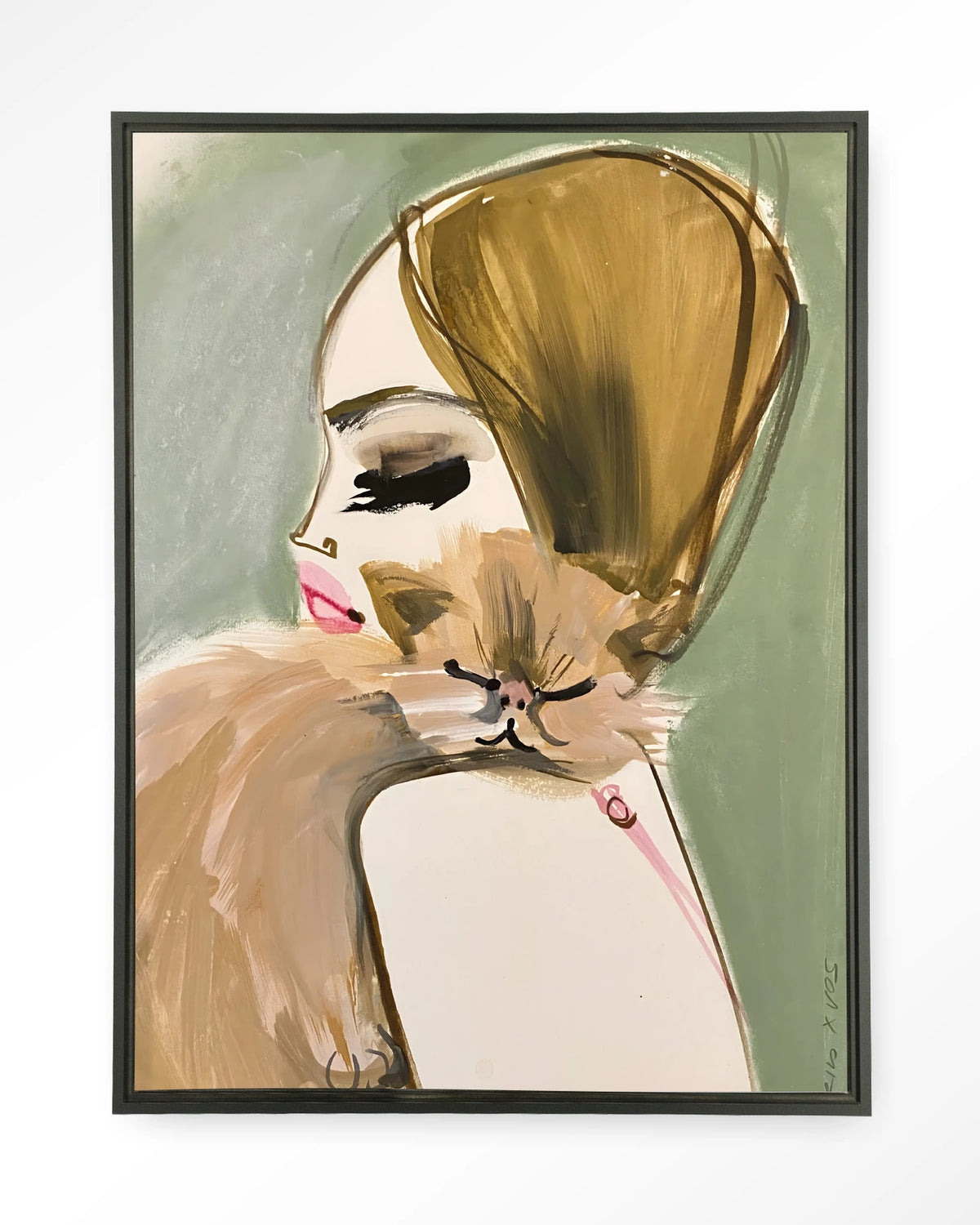 Lily Rose Depp x Pumpkin – vrouw met kat in schets – Wandkleed – Floating frame – zwart