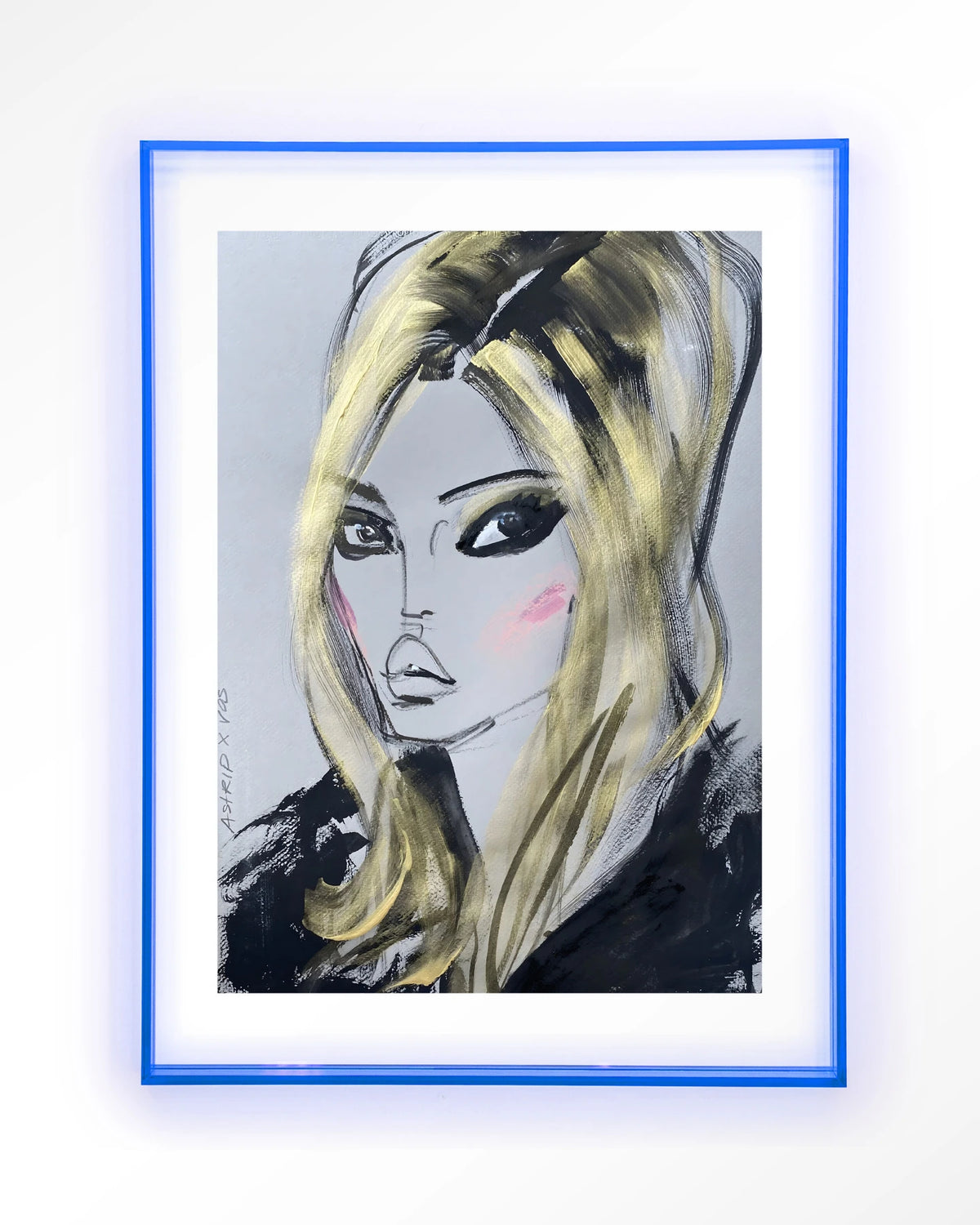 Kate Moss – getekend portret met blond haar – Art print – Acryl lichtblauw