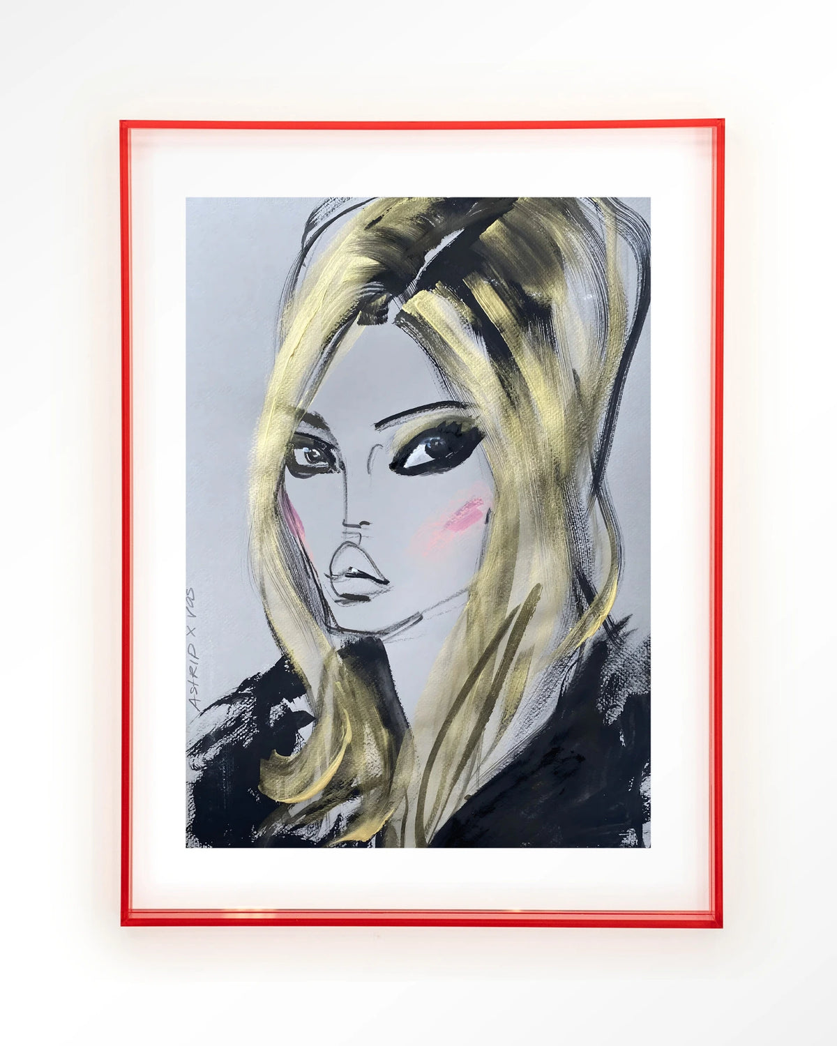 Kate Moss – getekend portret met blond haar – Art print – Acryl roze