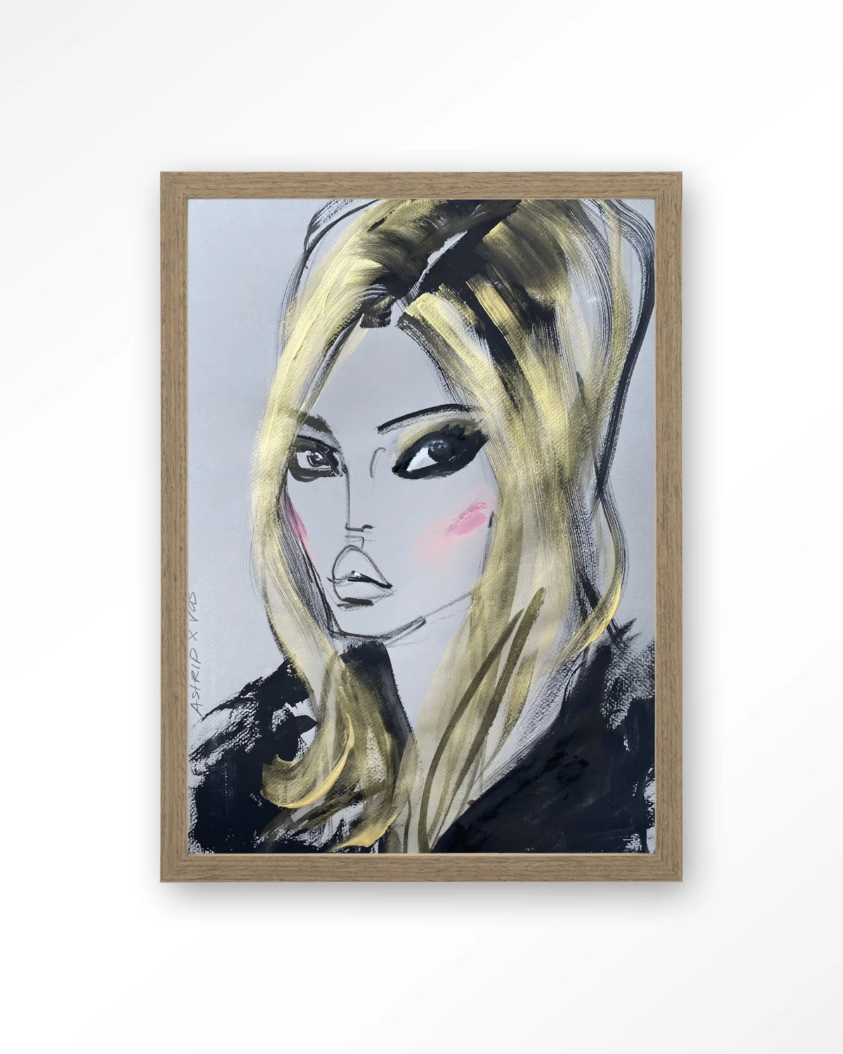 Kate Moss – getekend portret met blond haar – Art print – Hout bruin