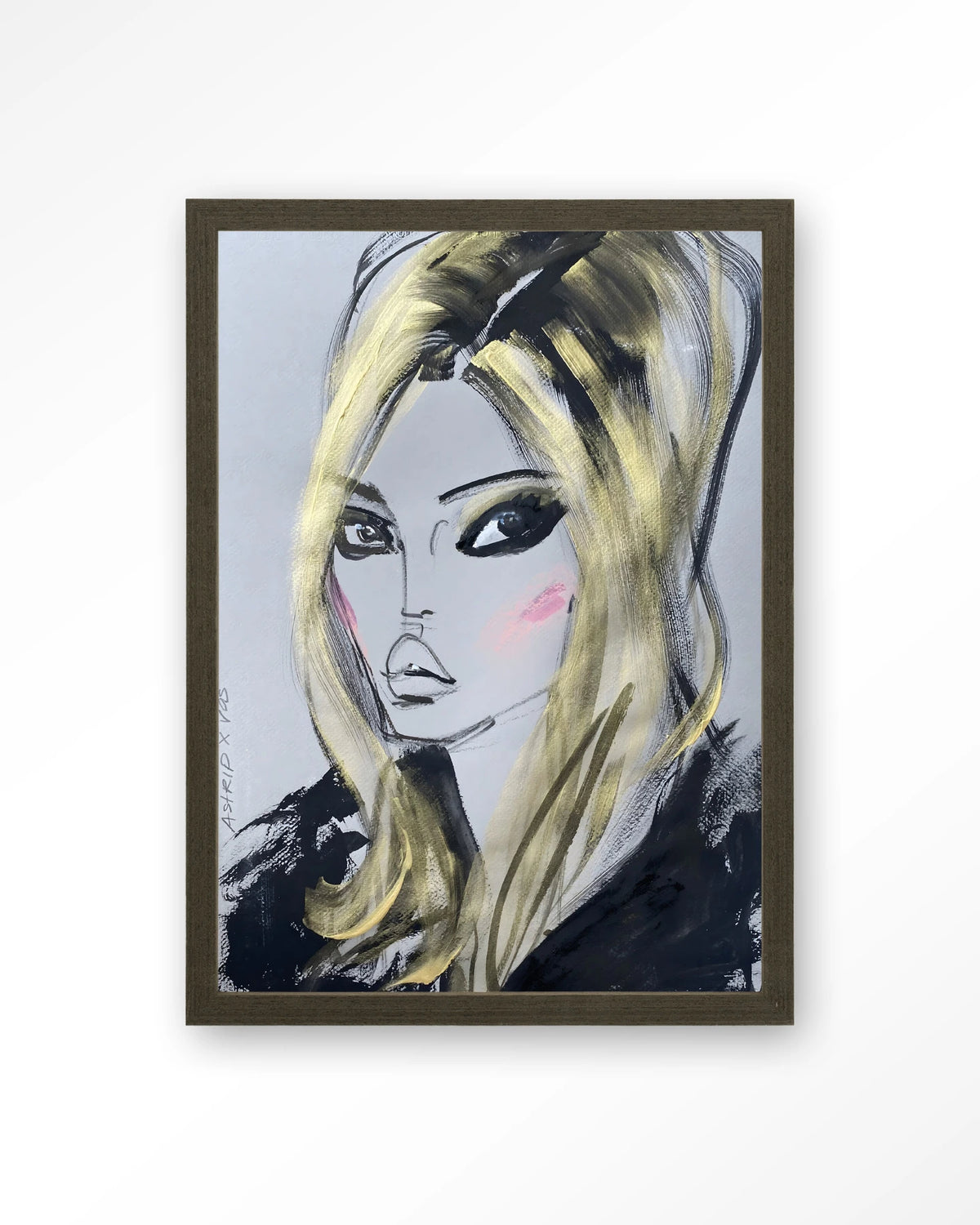 Kate Moss – getekend portret met blond haar – Art print – Hout donkerbruin