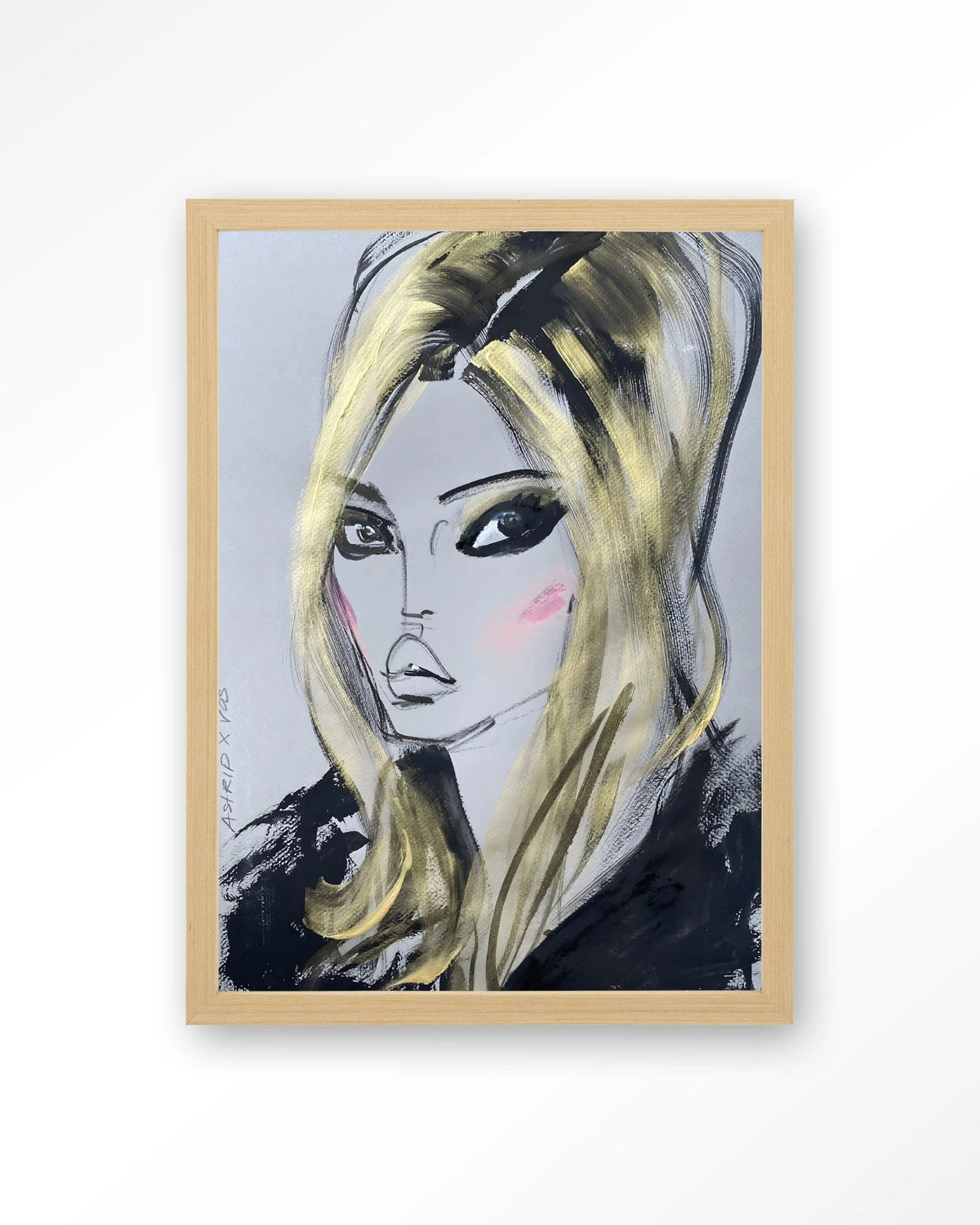 Kate Moss – getekend portret met blond haar – Art print – Hout naturel