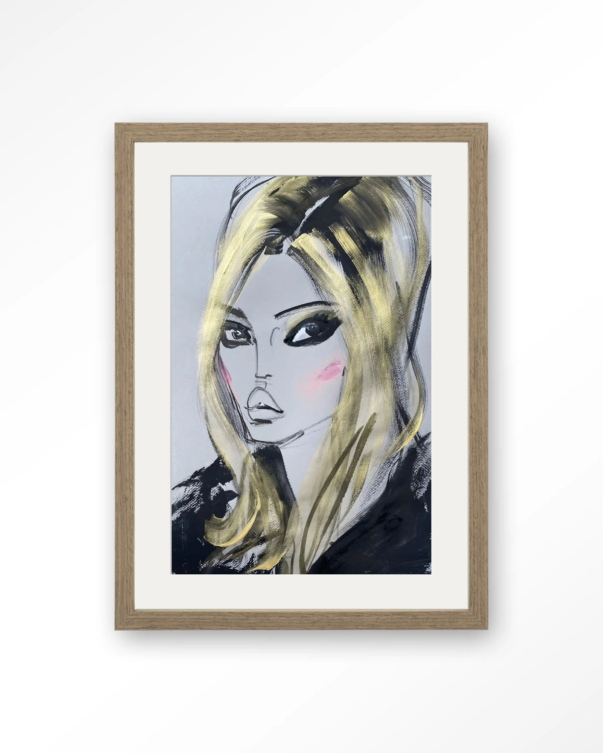 Kate Moss – getekend portret met blond haar – Art print – Hout bruin + passe-partout