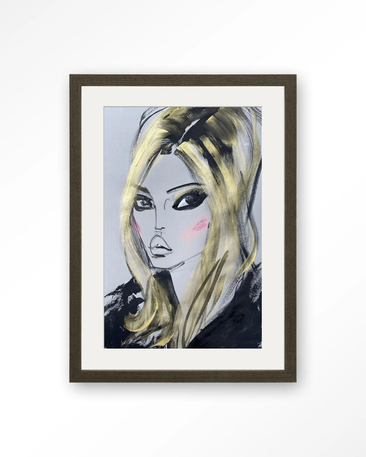 Kate Moss – getekend portret met blond haar – Art print – Hout donkerbruin + passe-partout