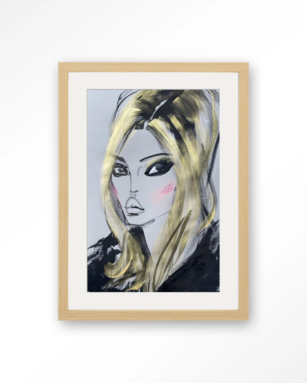 Kate Moss – getekend portret met blond haar – Art print – Hout naturel + passe-partout