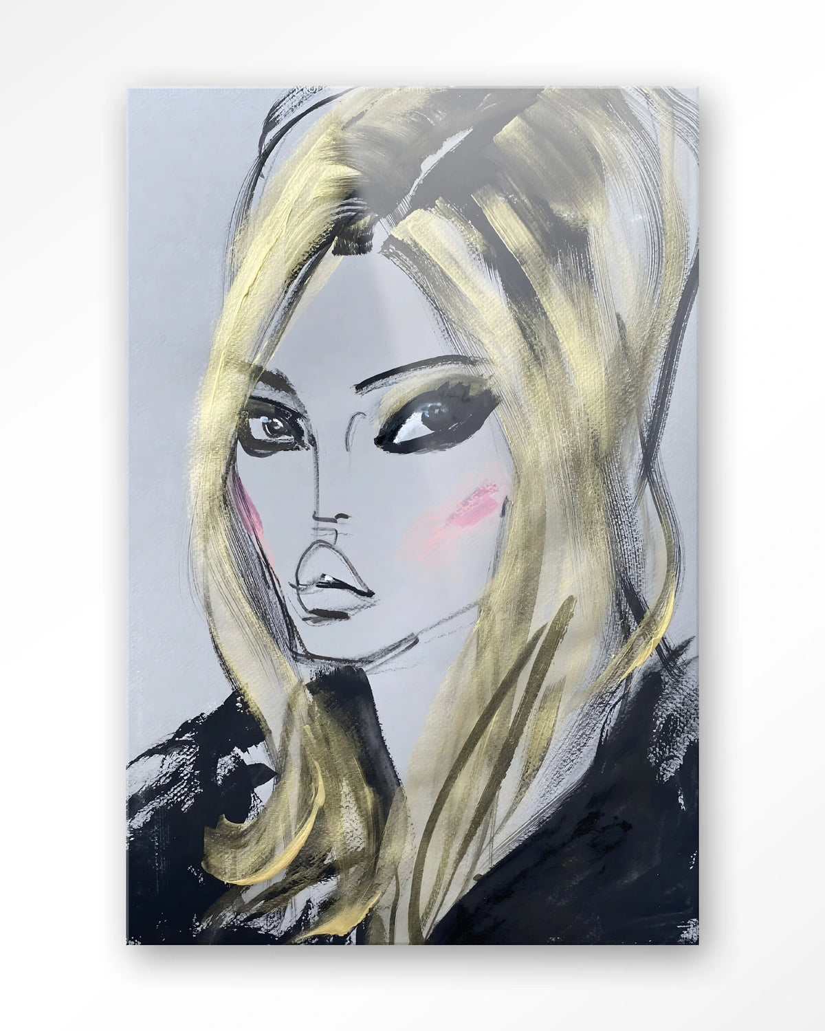 Kate Moss – getekend portret met blond haar – Glas – Blinde montage