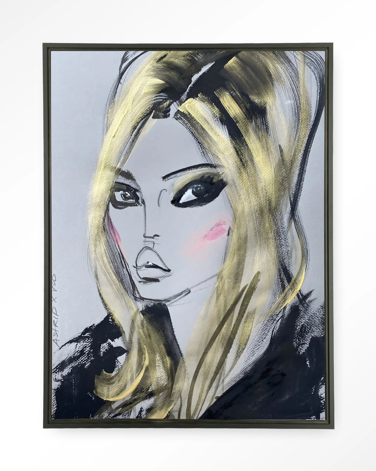 Kate Moss – getekend portret met blond haar – Wandkleed – Floating frame – zwart