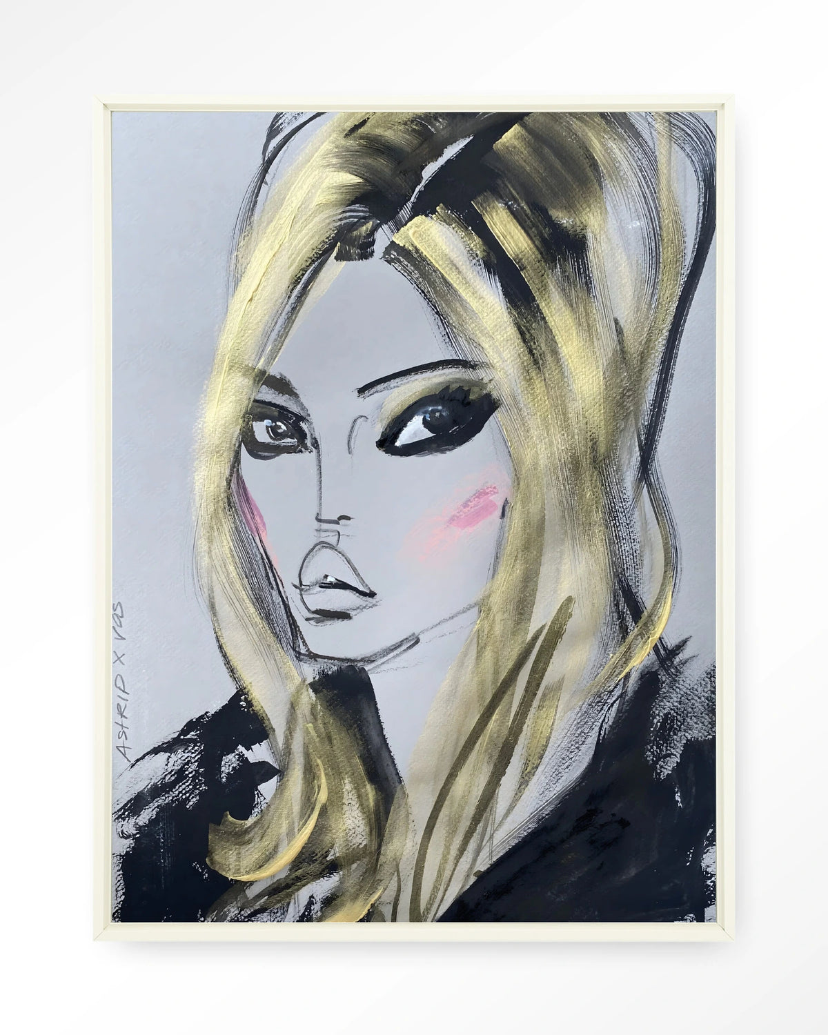 Kate Moss – getekend portret met blond haar – Wandkleed – Floating frame – wit