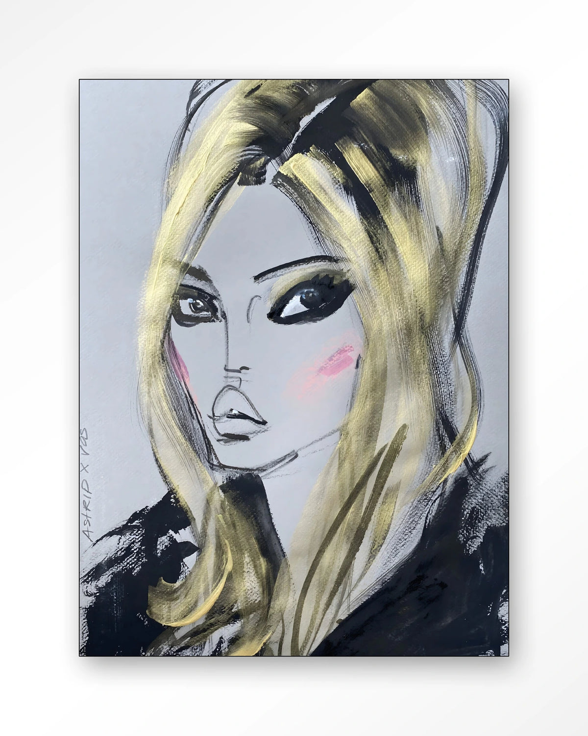 Kate Moss – getekend portret met blond haar – Wandkleed – Frame – zwart