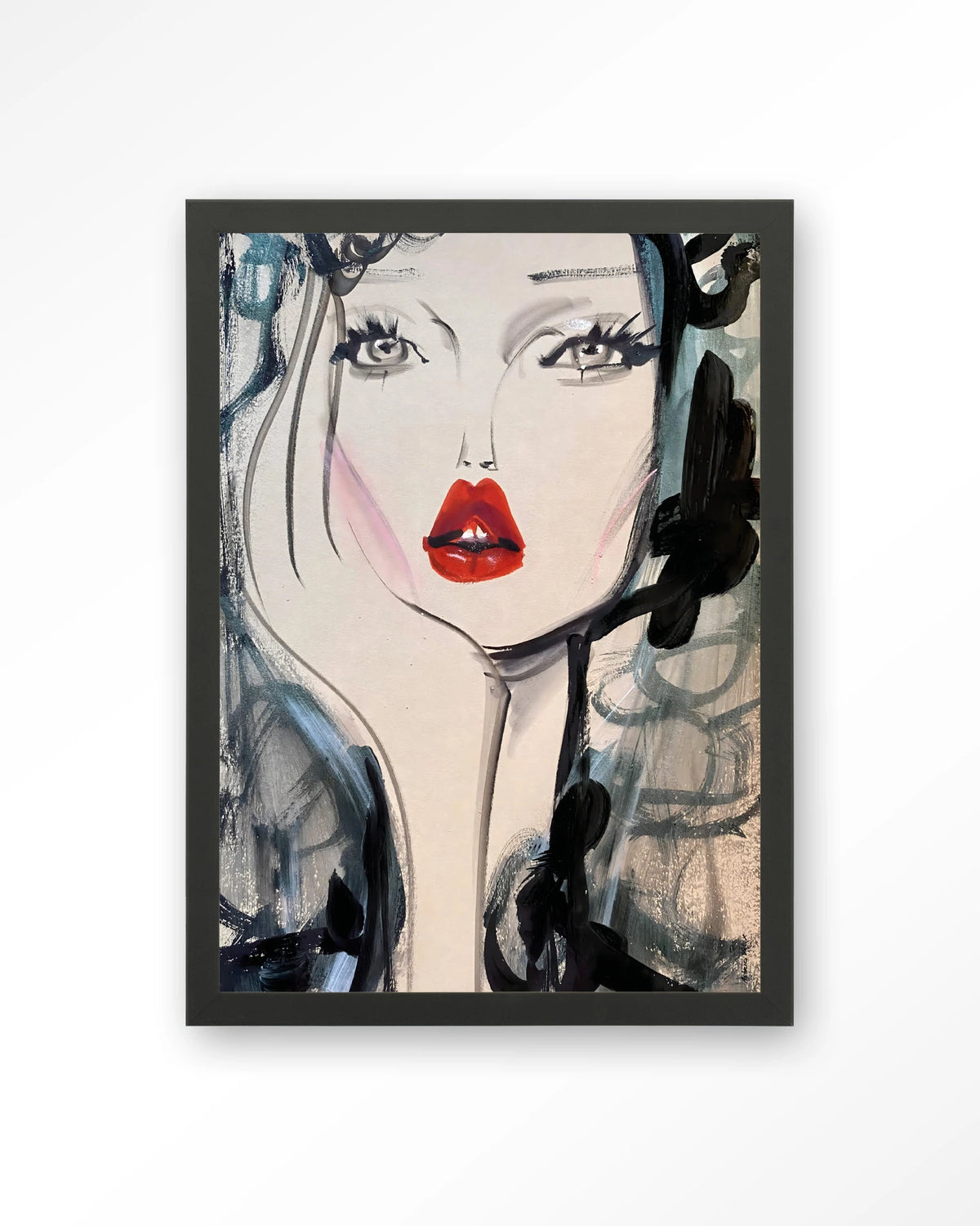 Kate Moss Forever – portret van vrouw met rode lippen – Art print – Hout zwart