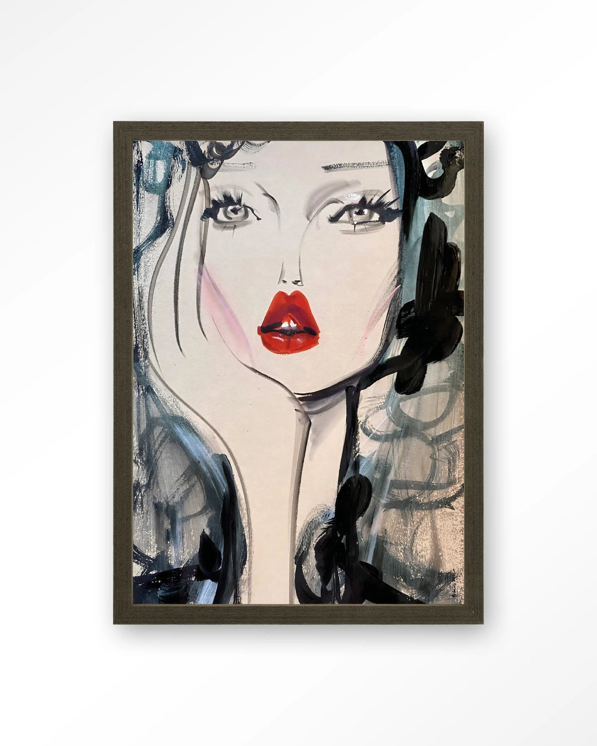 Kate Moss Forever – portret van vrouw met rode lippen – Art print – Hout donkerbruin