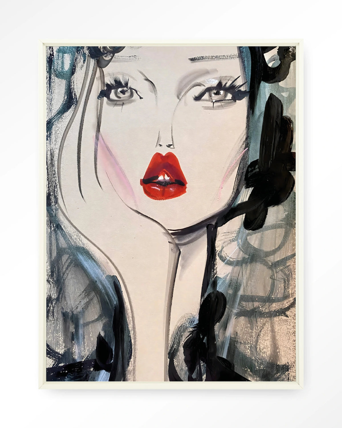 Kate Moss Forever – portret van vrouw met rode lippen – Wandkleed – Floating frame – wit