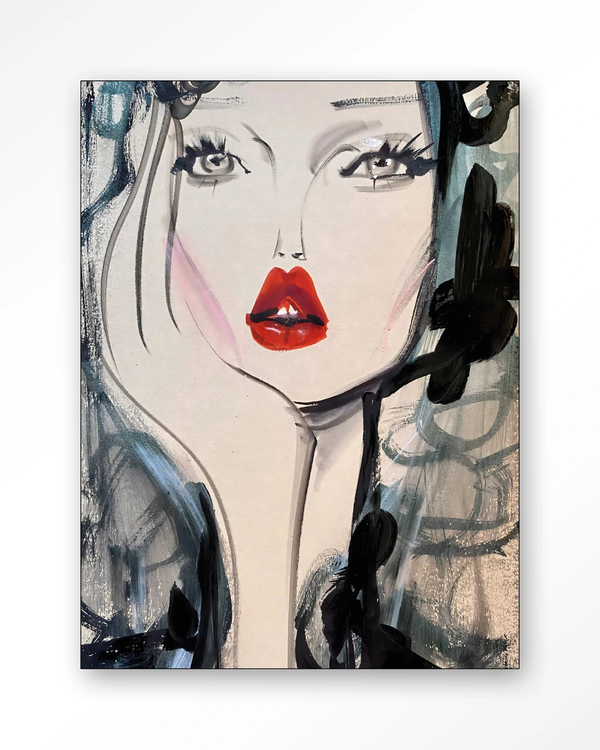 Kate Moss Forever – portret van vrouw met rode lippen – Wandkleed – Frame – zwart