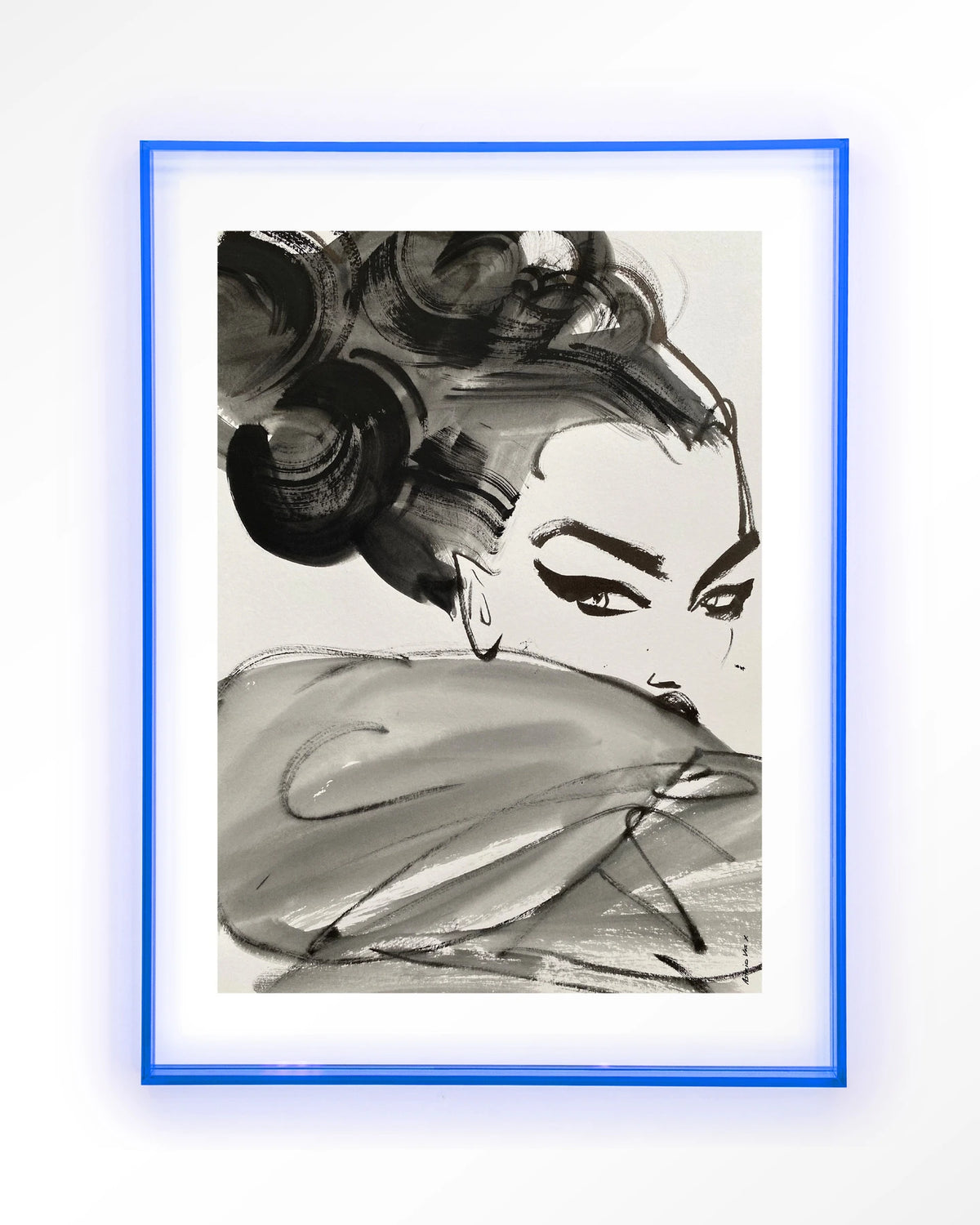 Couture Allure – modeschets in zwart-wit – Art print – Acryl lichtblauw