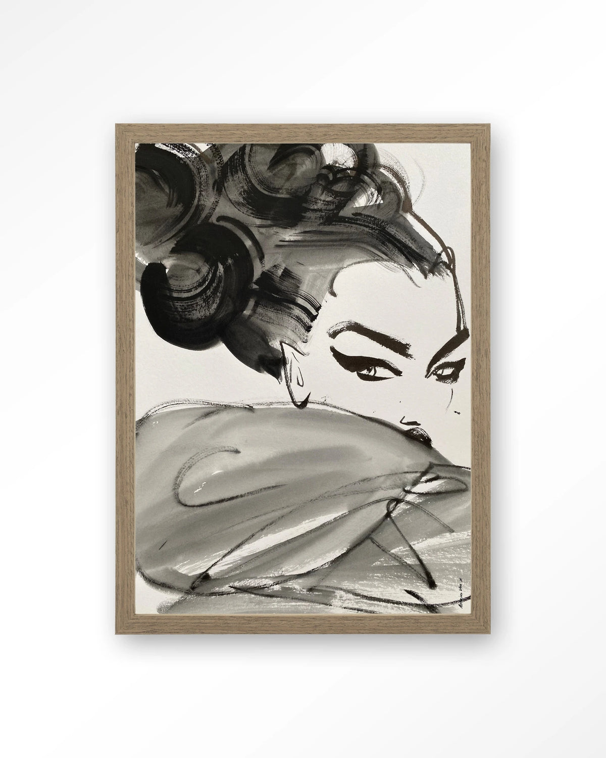 Couture Allure – modeschets in zwart-wit – Art print – Hout bruin