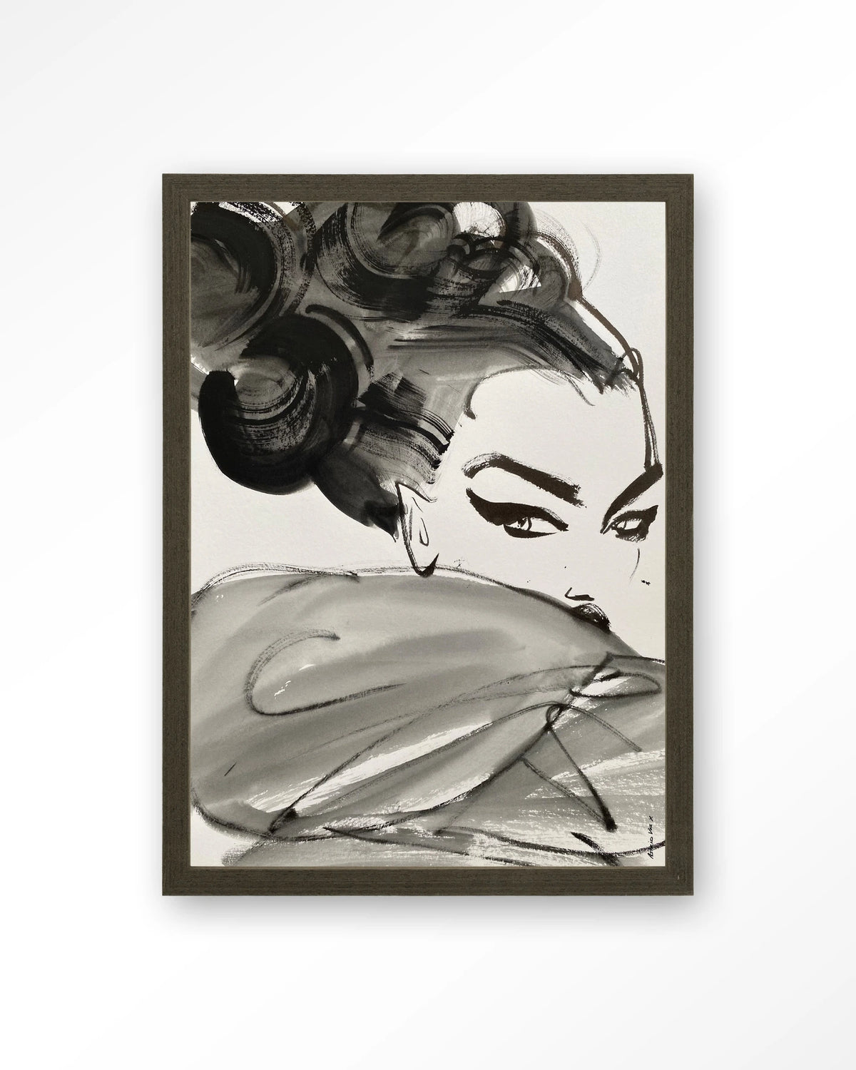 Couture Allure – modeschets in zwart-wit – Art print – Hout donkerbruin