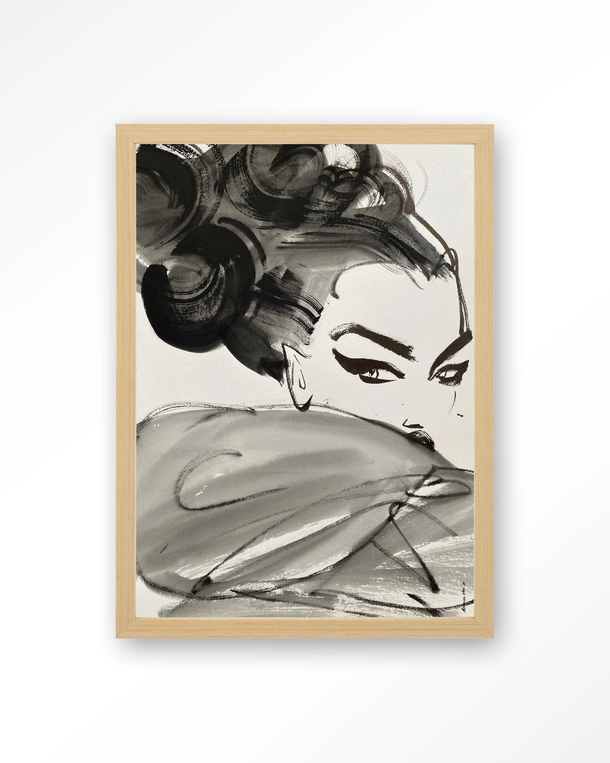 Couture Allure – modeschets in zwart-wit – Art print – Hout naturel