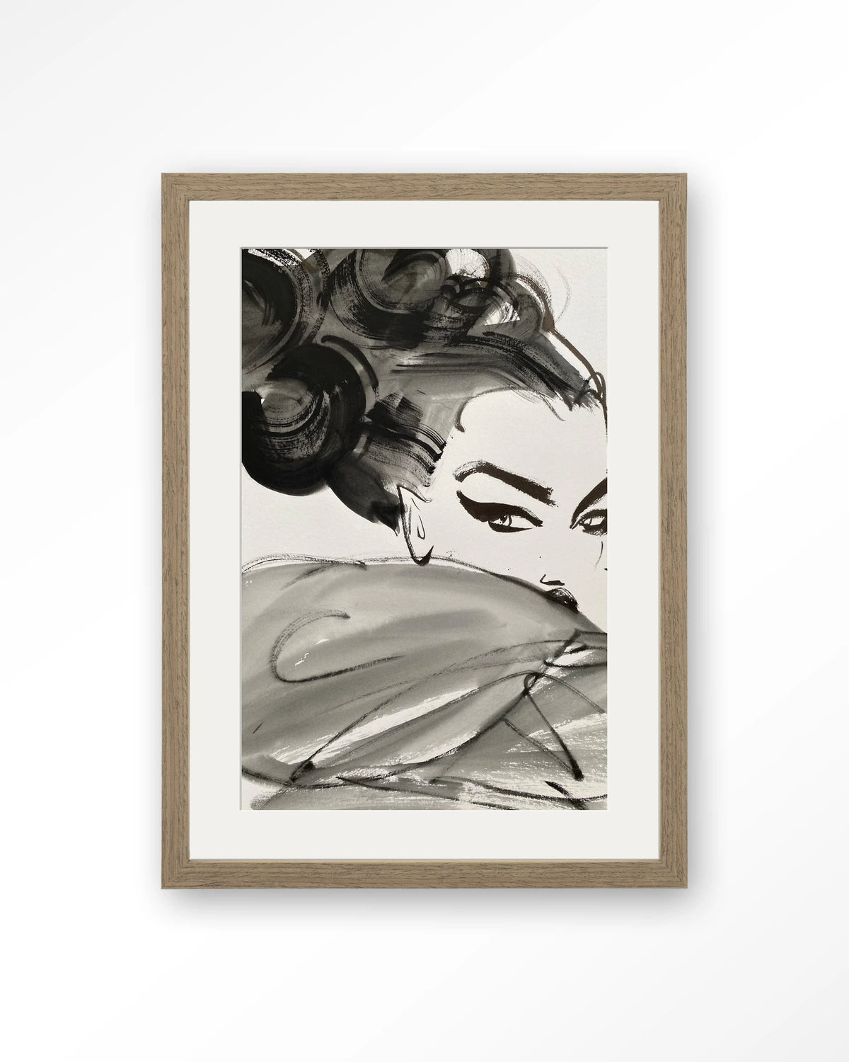 Couture Allure – modeschets in zwart-wit – Art print – Hout bruin + passe-partout