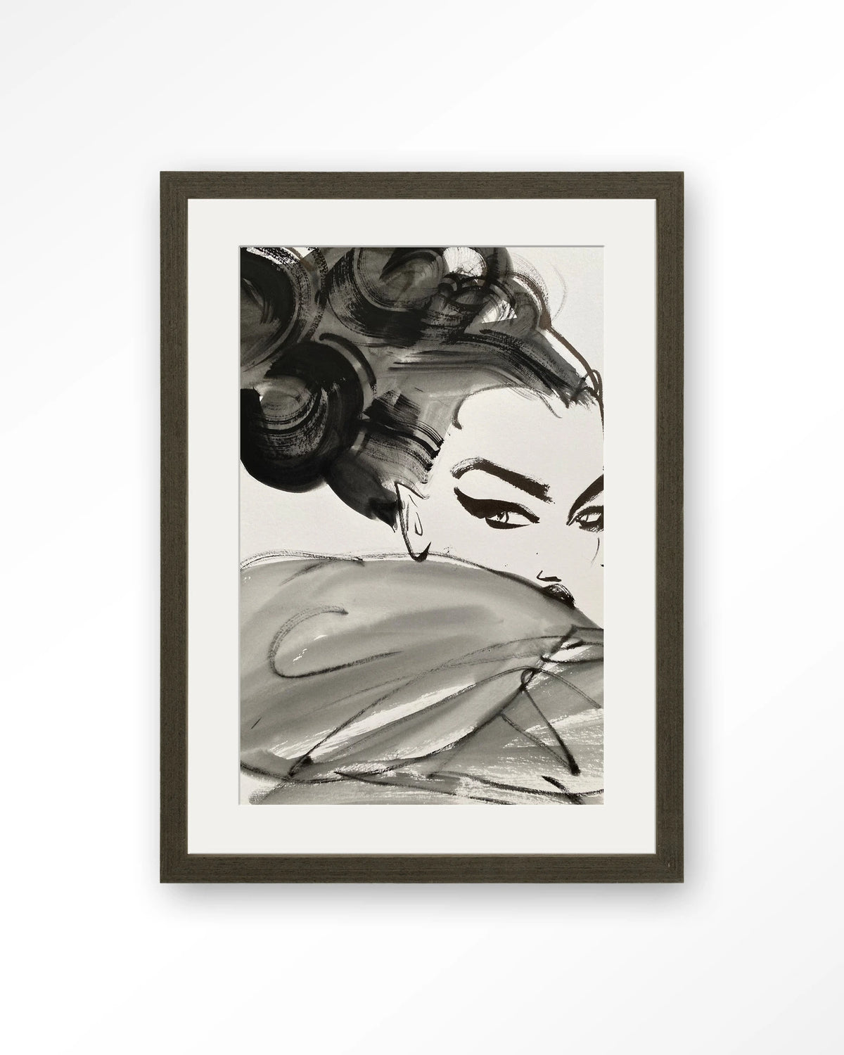 Couture Allure – modeschets in zwart-wit – Art print – Hout donkerbruin + passe-partout