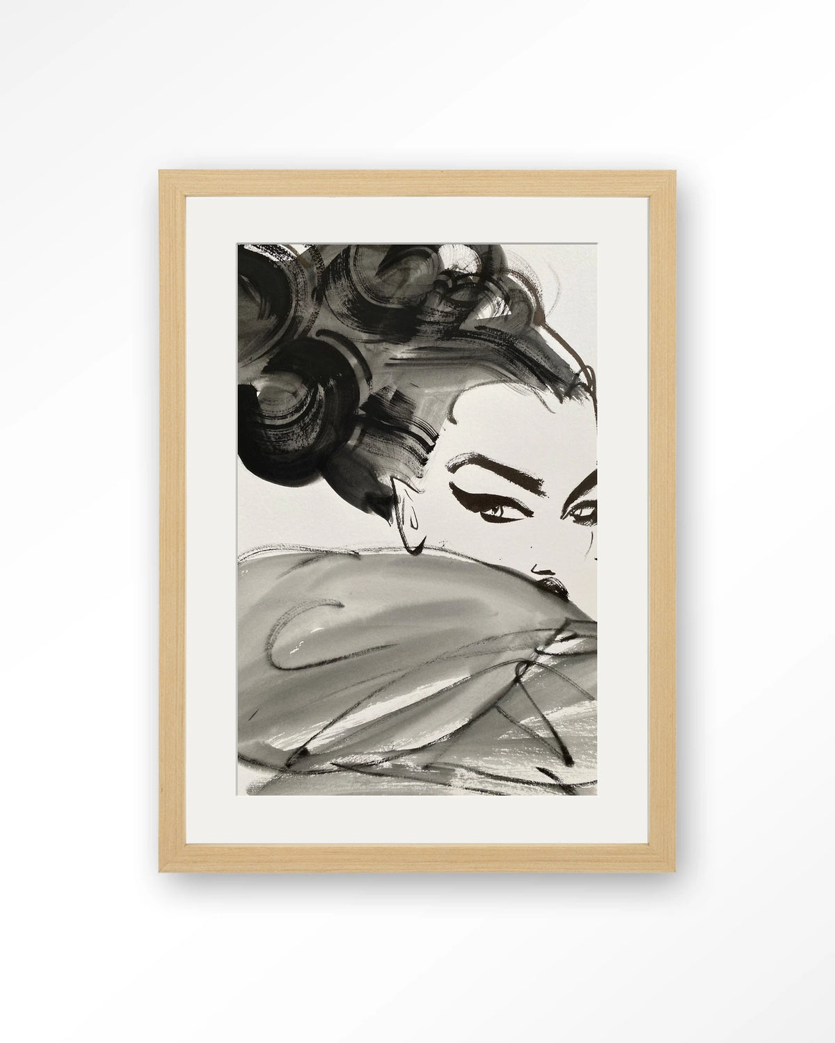 Couture Allure – modeschets in zwart-wit – Art print – Hout naturel + passe-partout