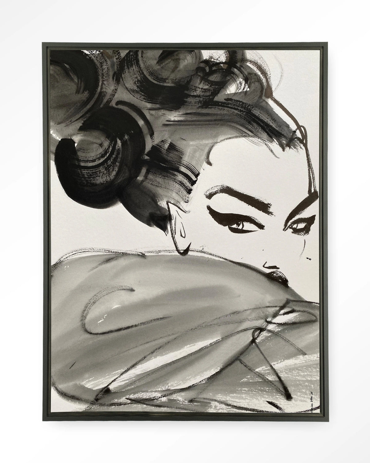 Couture Allure – modeschets in zwart-wit – Wandkleed – Floating frame – zwart