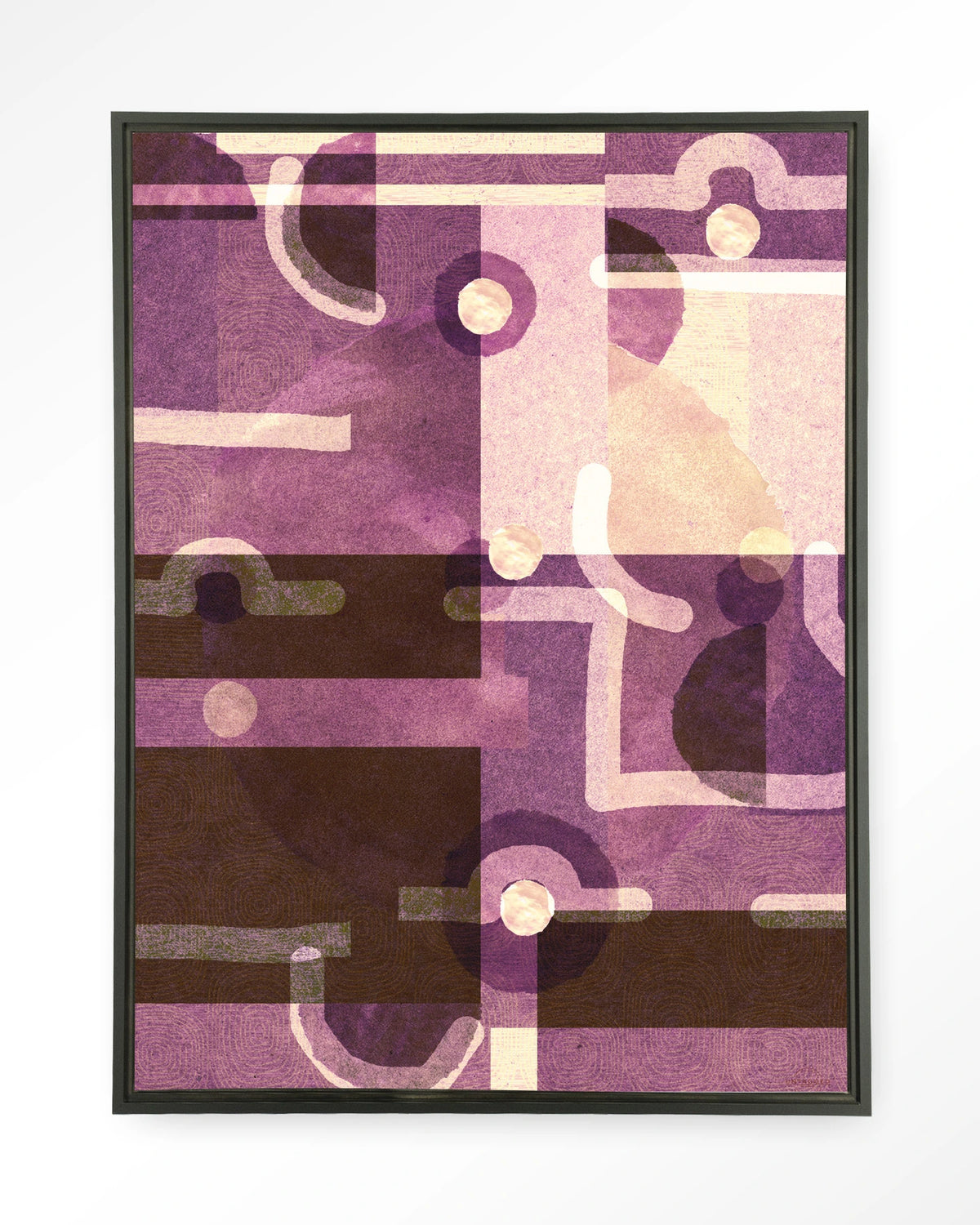 Tribal Universe – abstract in paars en bruin – Wandkleed – Floating frame – zwart