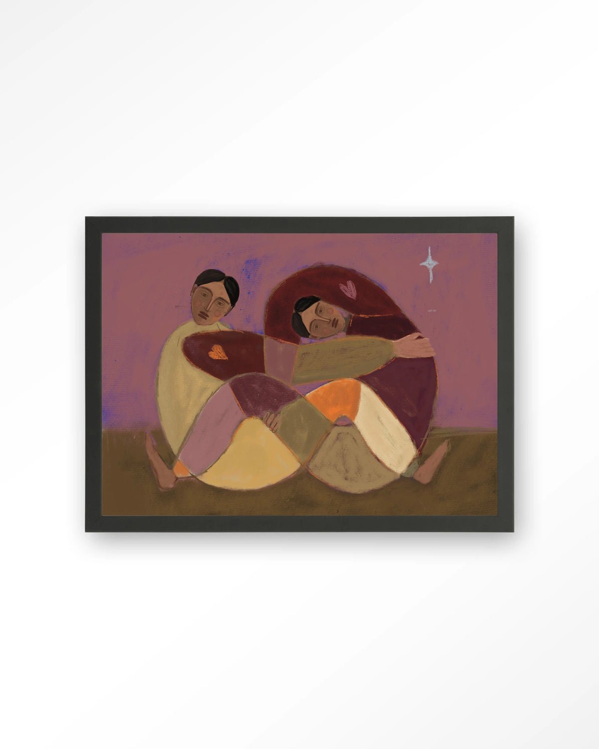 Rolling Sisters – omhelzende figuren in paars – Art print – Hout zwart