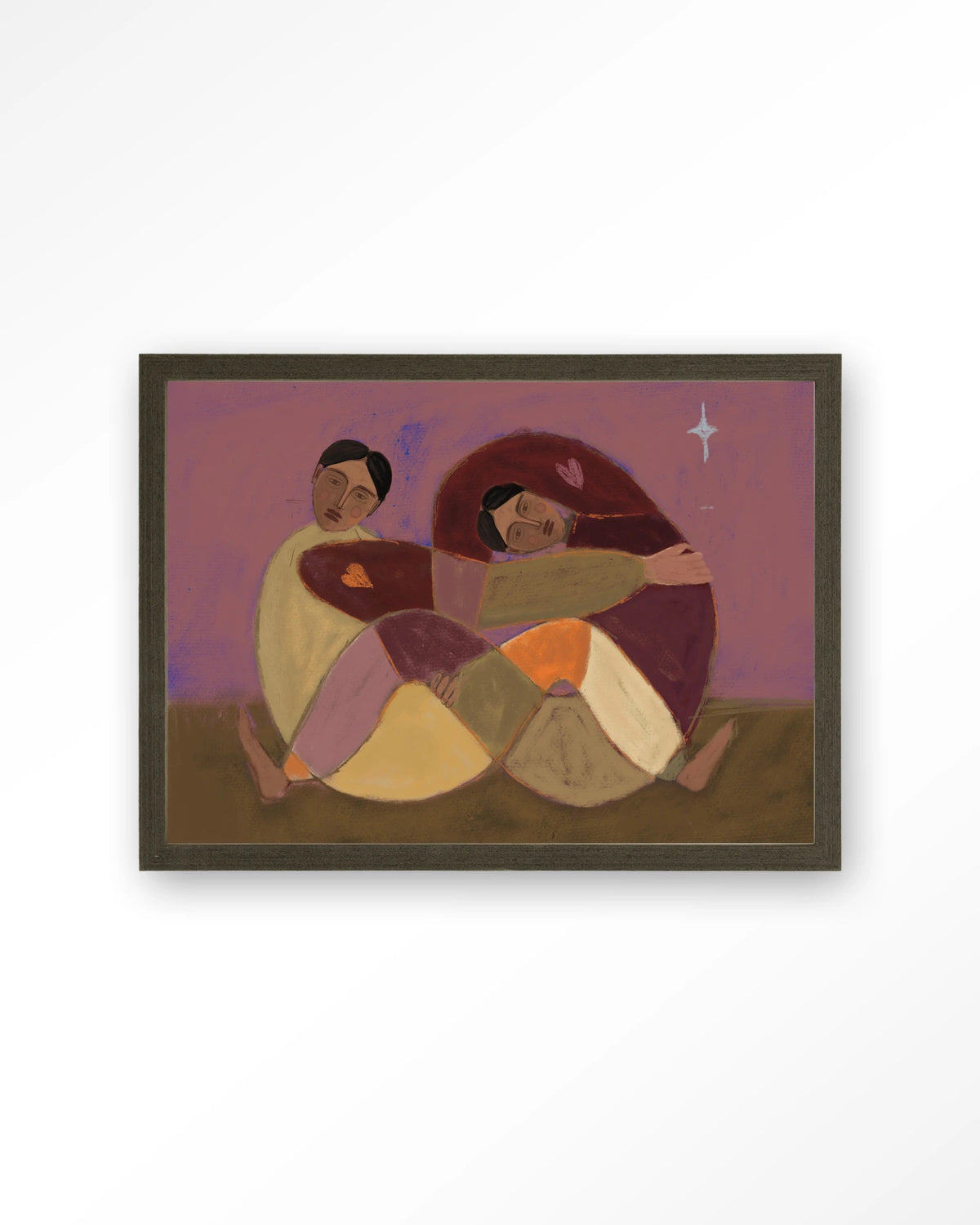 Rolling Sisters – omhelzende figuren in paars – Art print – Hout donkerbruin