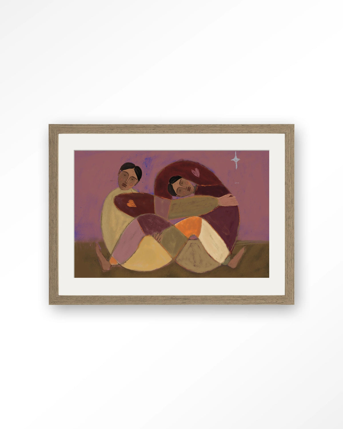 Rolling Sisters – omhelzende figuren in paars – Art print – Hout bruin + passe-partout