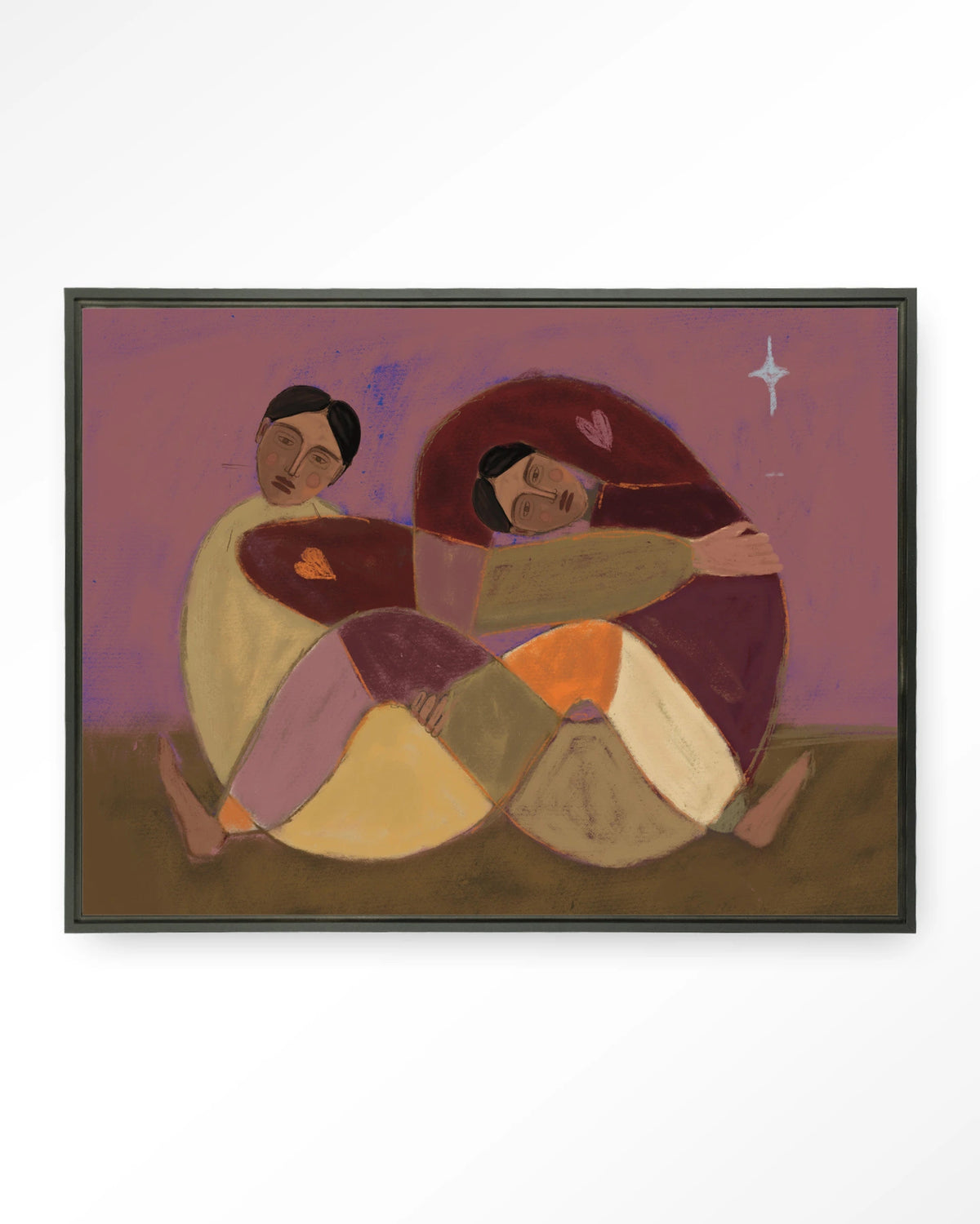 Rolling Sisters – omhelzende figuren in paars – Wandkleed – Floating frame – zwart