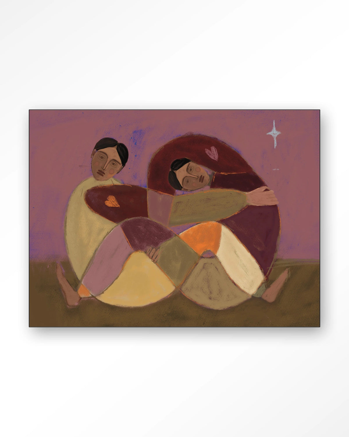 Rolling Sisters – omhelzende figuren in paars – Wandkleed – Frame – zwart