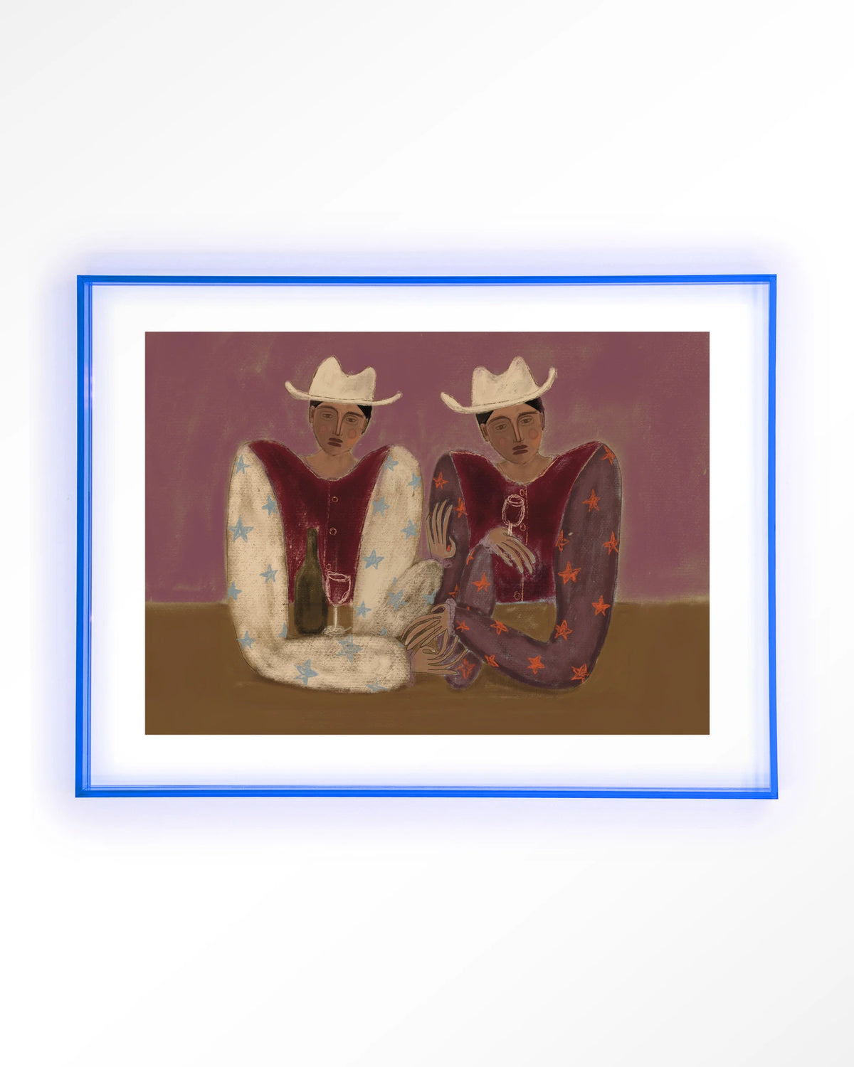 Good Ranch Talk – twee cowboys met wijn – Art print – Acryl lichtblauw