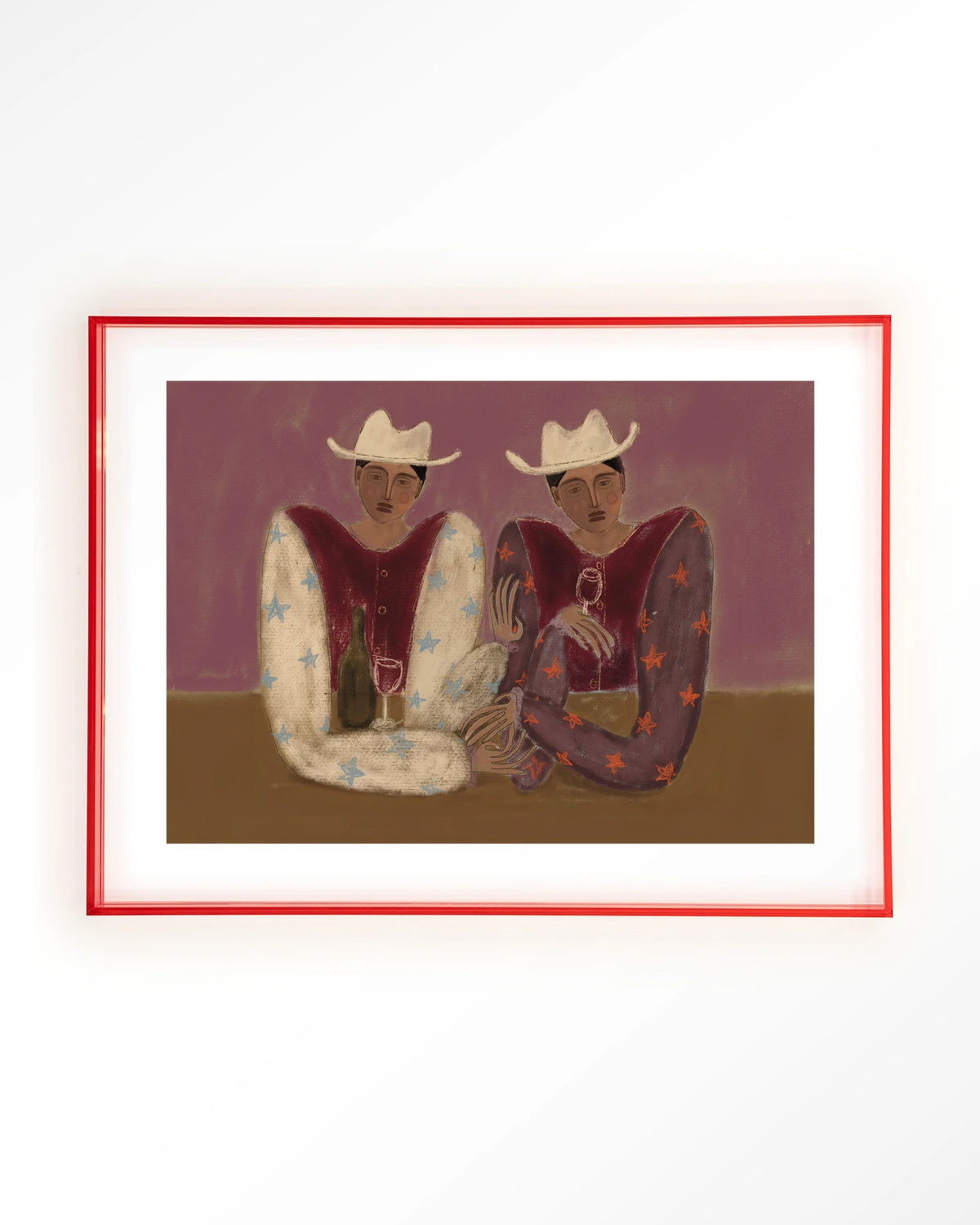 Good Ranch Talk – twee cowboys met wijn – Art print – Acryl roze