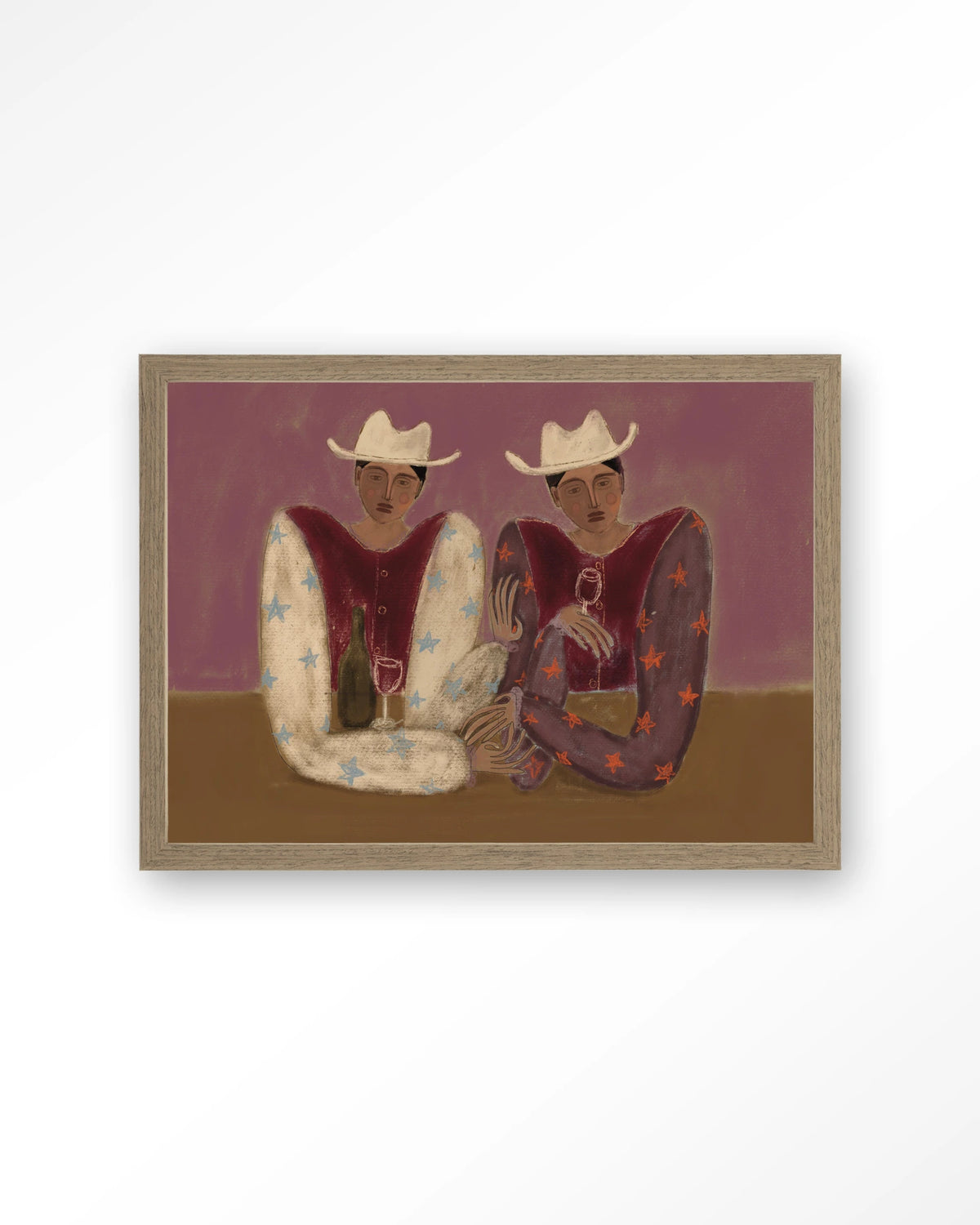 Good Ranch Talk – twee cowboys met wijn – Art print – Hout bruin