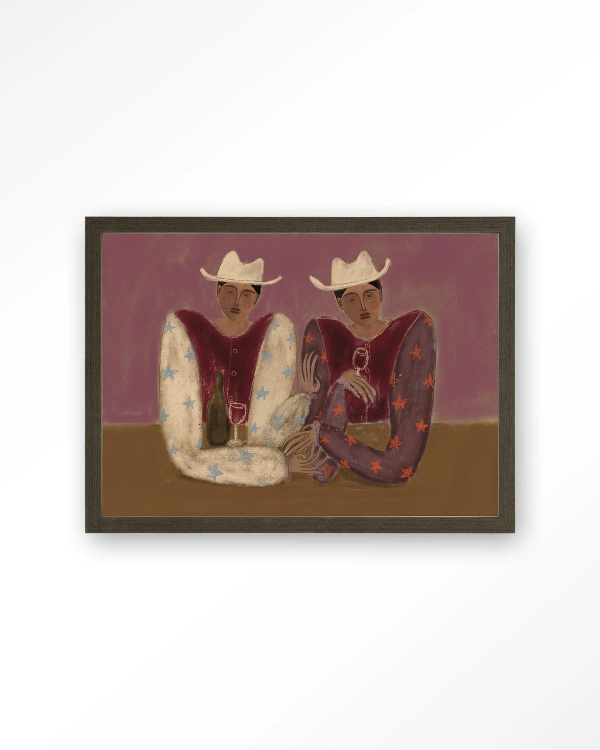 Good Ranch Talk – twee cowboys met wijn – Art print – Hout donkerbruin
