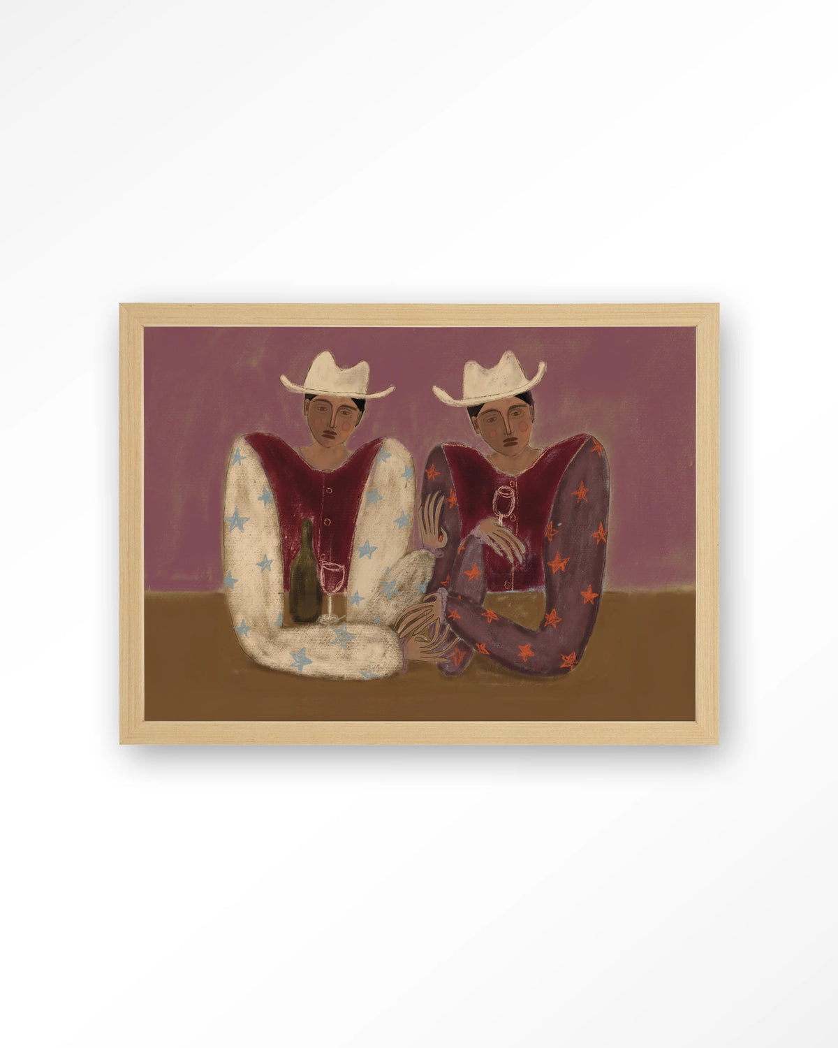 Good Ranch Talk – twee cowboys met wijn – Art print – Hout naturel